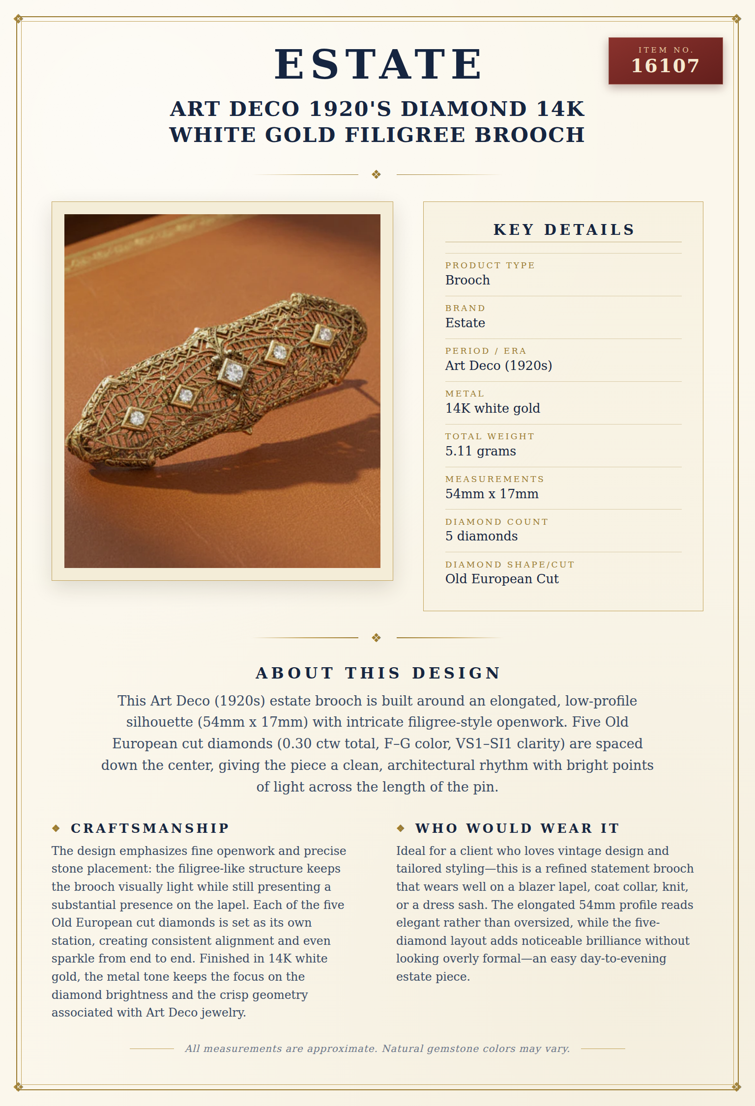 Art Deco 1920's Diamond 14k White Gold Filigree Brooch — anatomy card