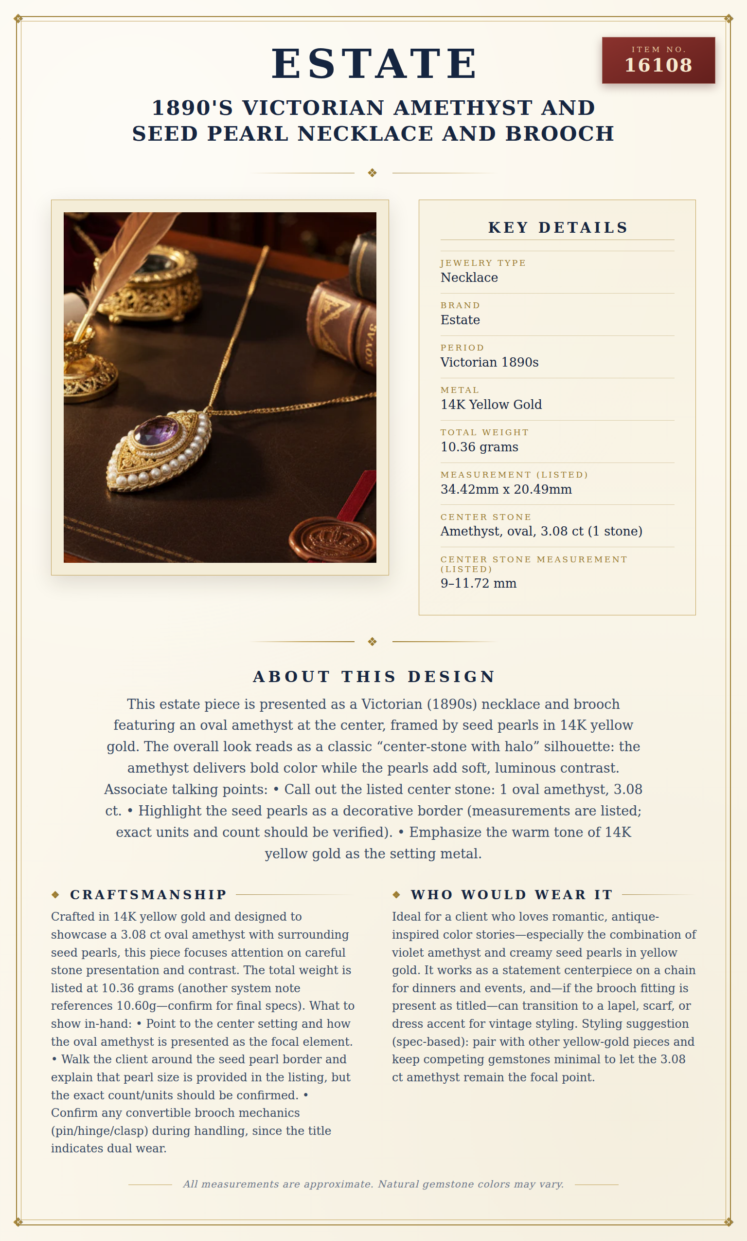 1890's Victorian Amethyst and Seed Pearl Necklace and Brooch — anatomy card