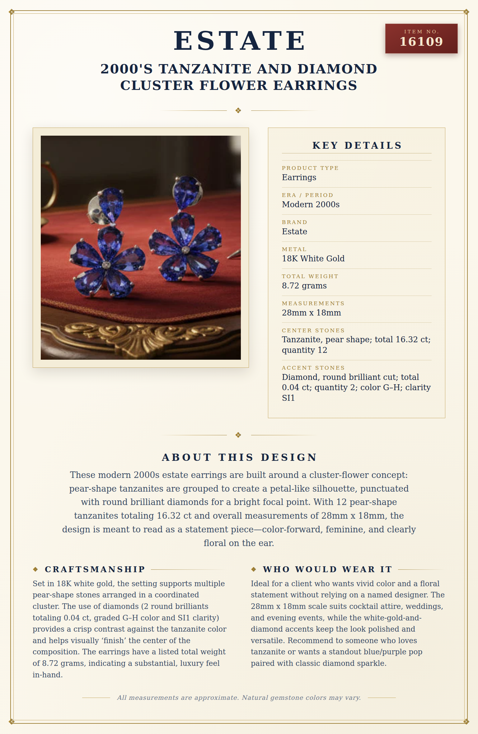2000's Tanzanite and Diamond Cluster Flower Earrings — anatomy card