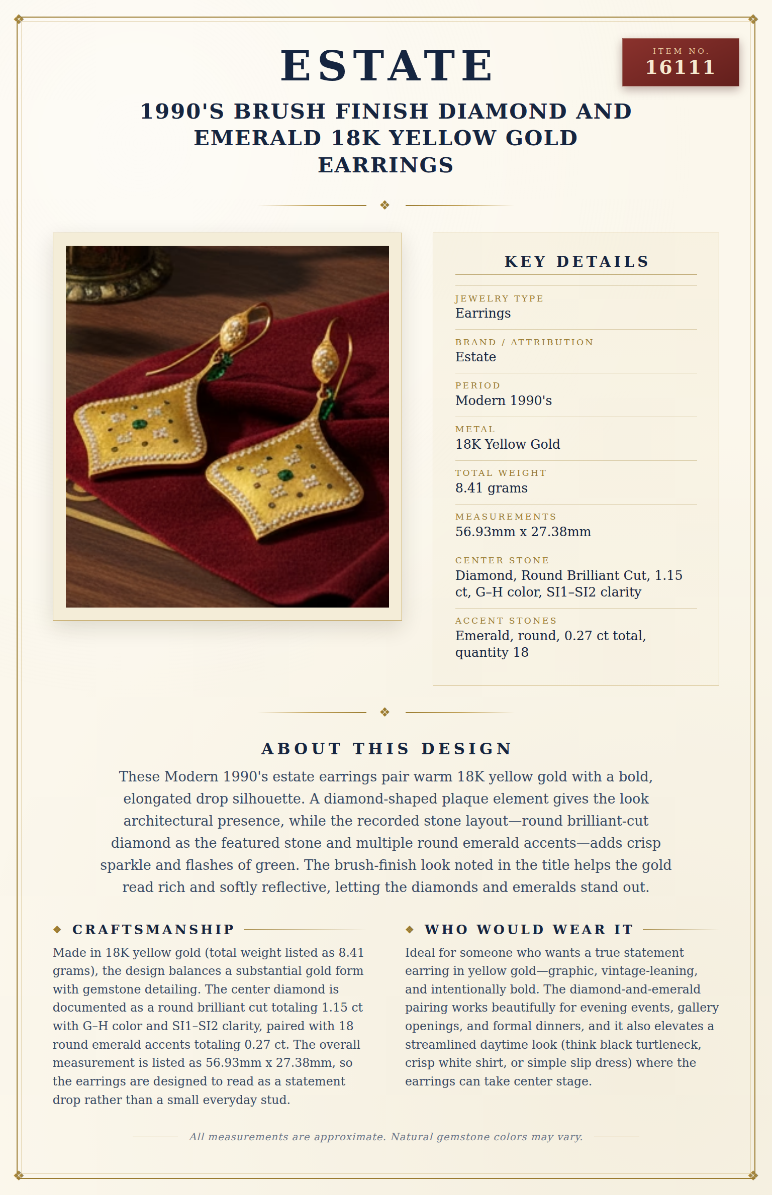 1990's Brush Finish Diamond and Emerald 18k Yellow Gold Earrings — anatomy card