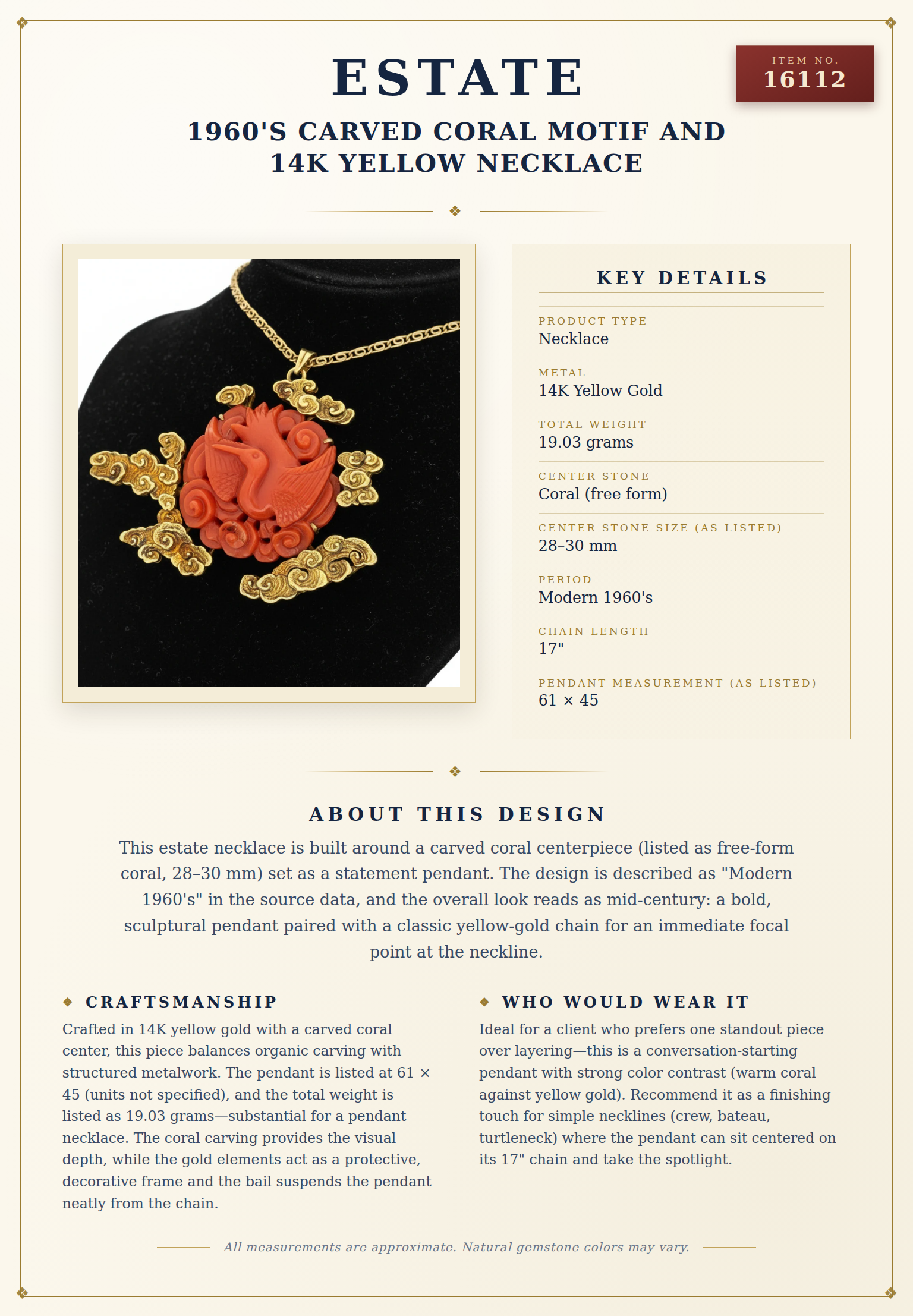 1960's Carved Coral Motif and 14k Yellow Necklace — anatomy card