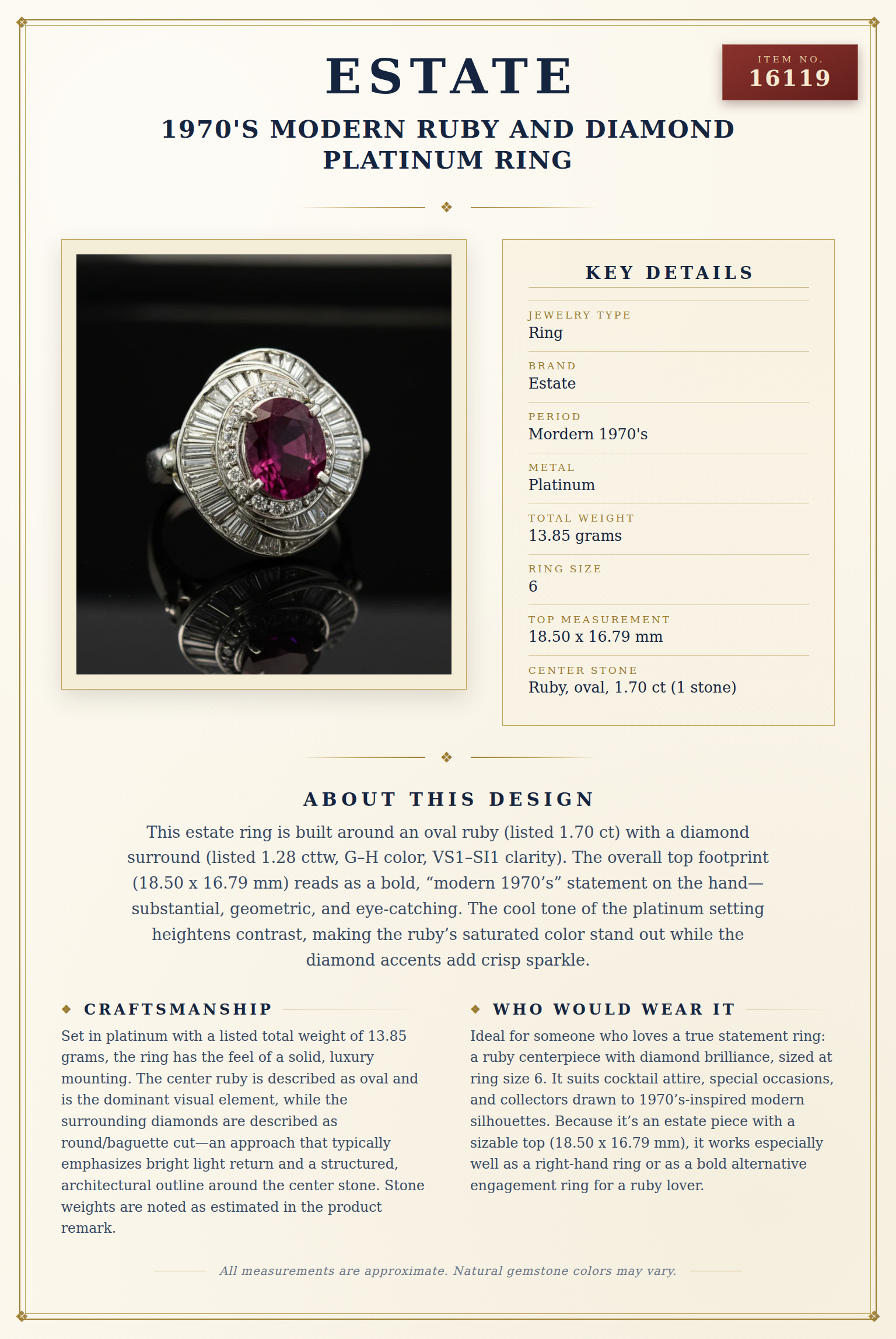 1970's Modern Ruby and Diamond Platinum Ring — anatomy card