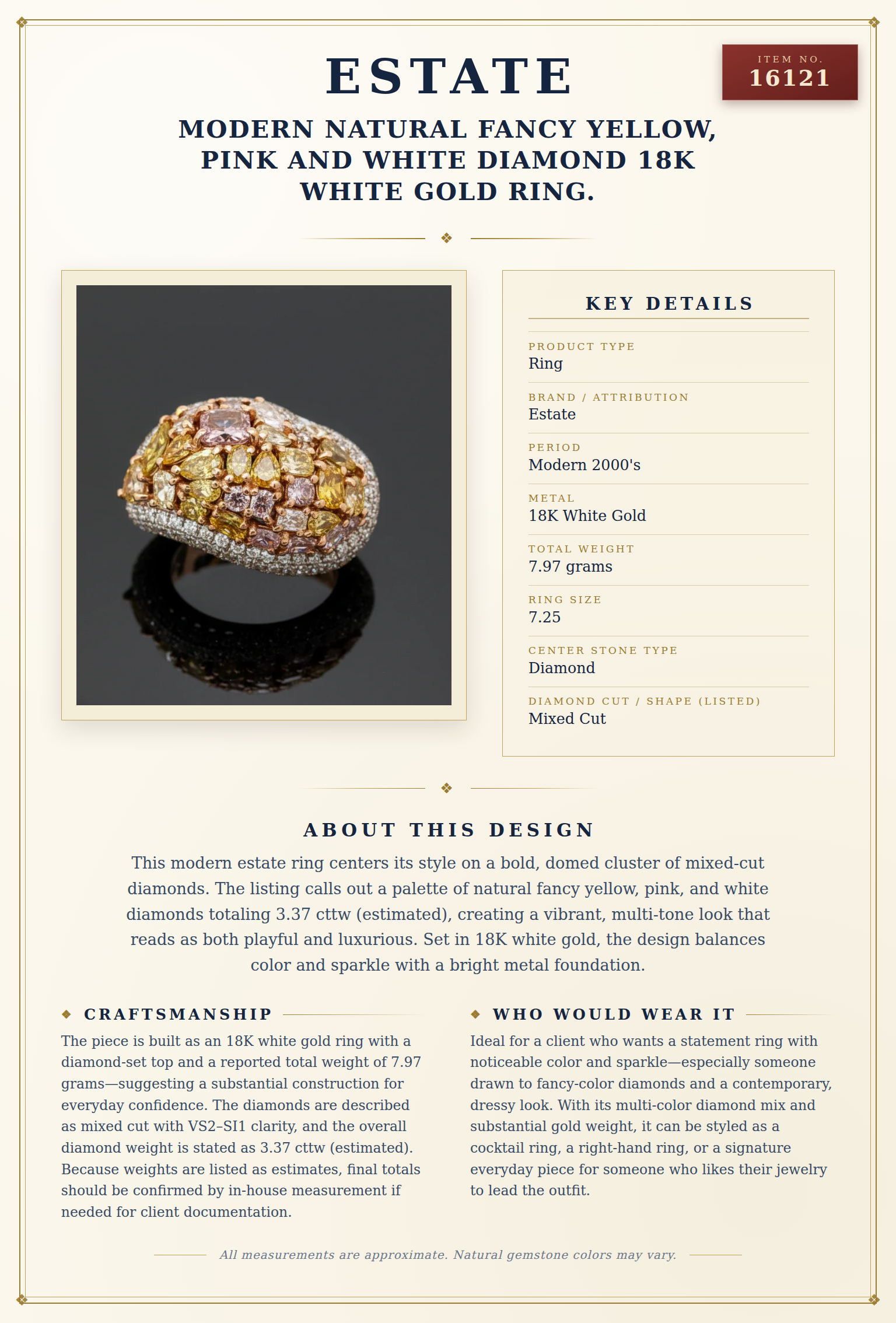 Modern Natural Fancy Yellow, Pink and White Diamond 18K White Gold Ring. — anatomy card