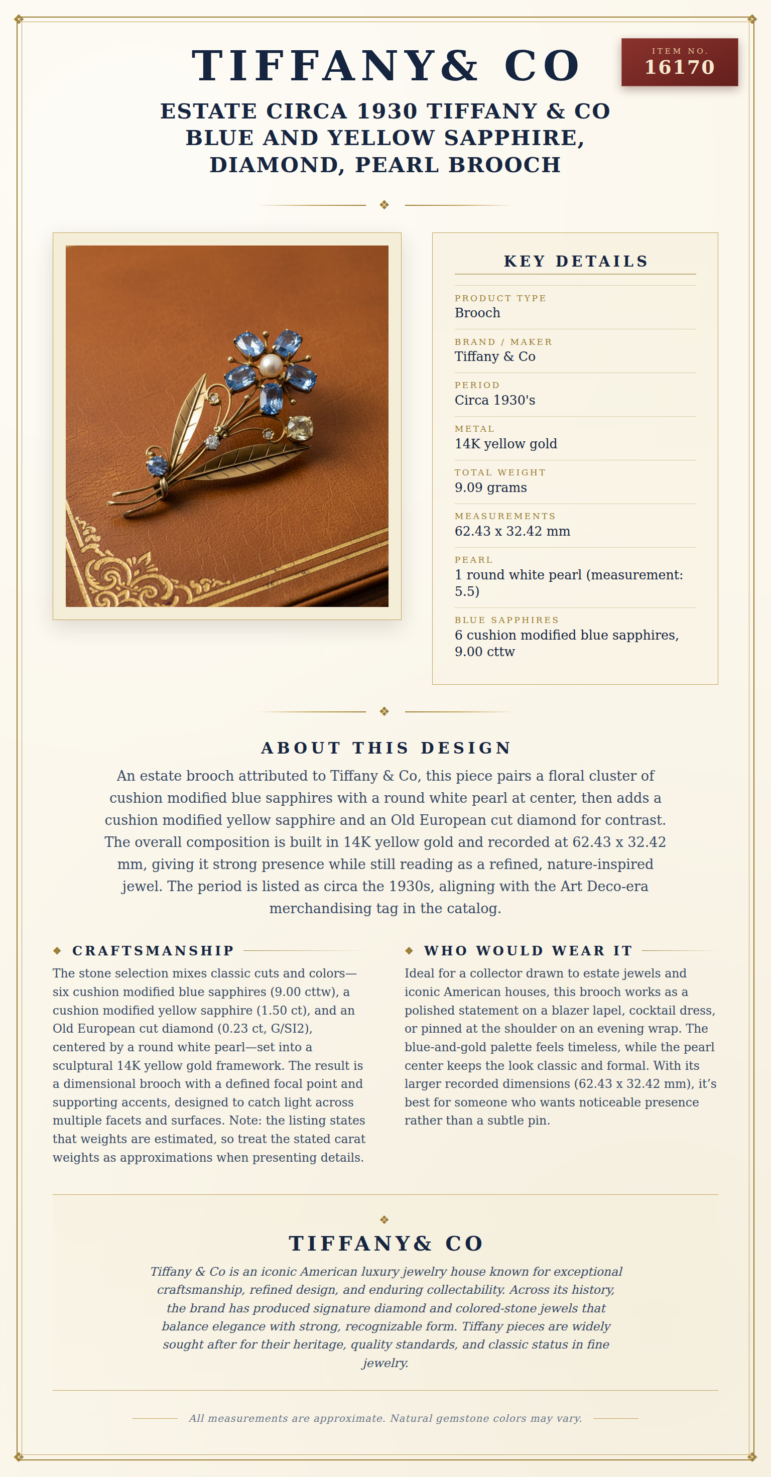 Estate Circa 1930 Tiffany & Co Blue and Yellow Sapphire, Diamond, Pearl Brooch — anatomy card