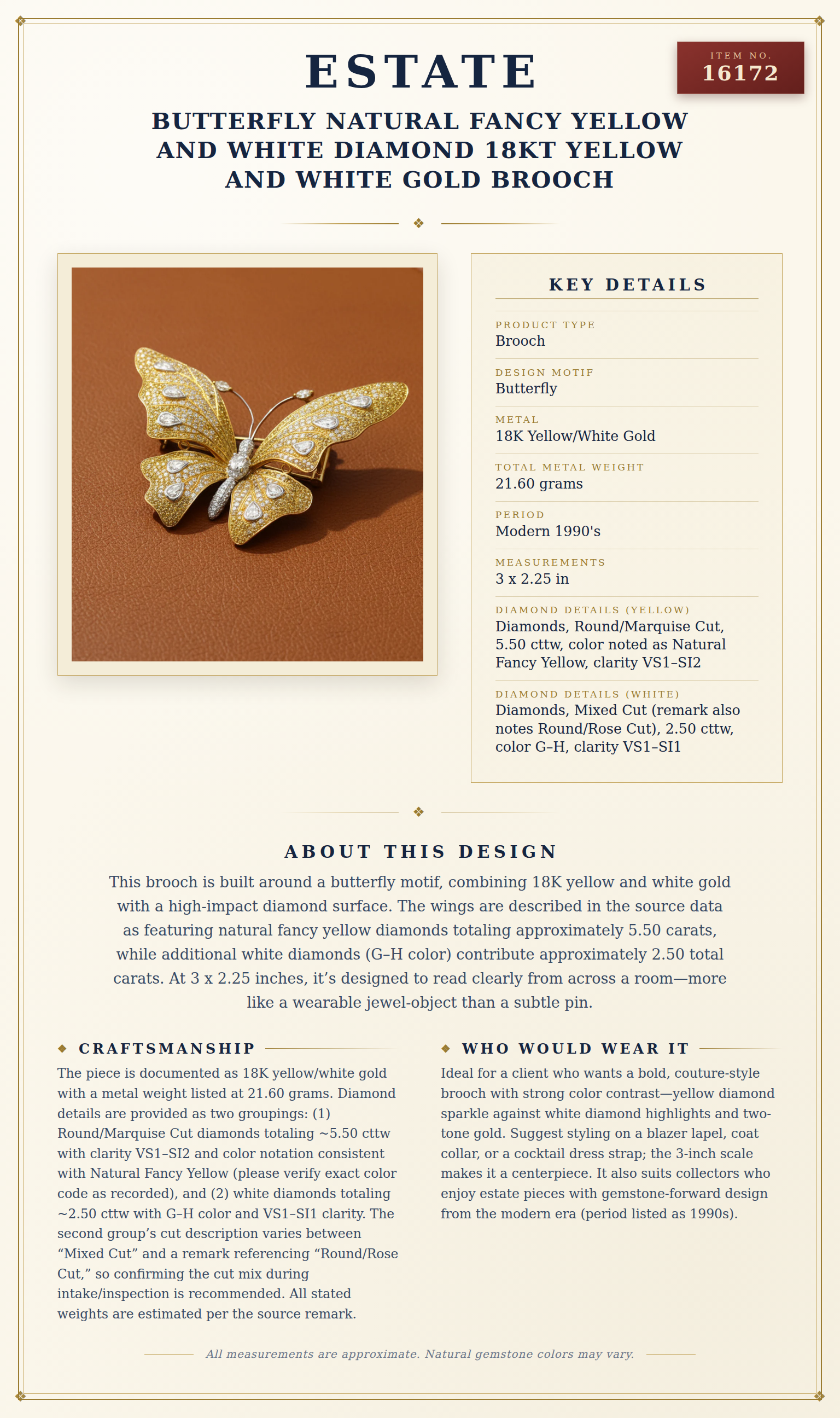 Butterfly Natural Fancy Yellow and White Diamond 18Kt Yellow and White Gold Brooch — anatomy card