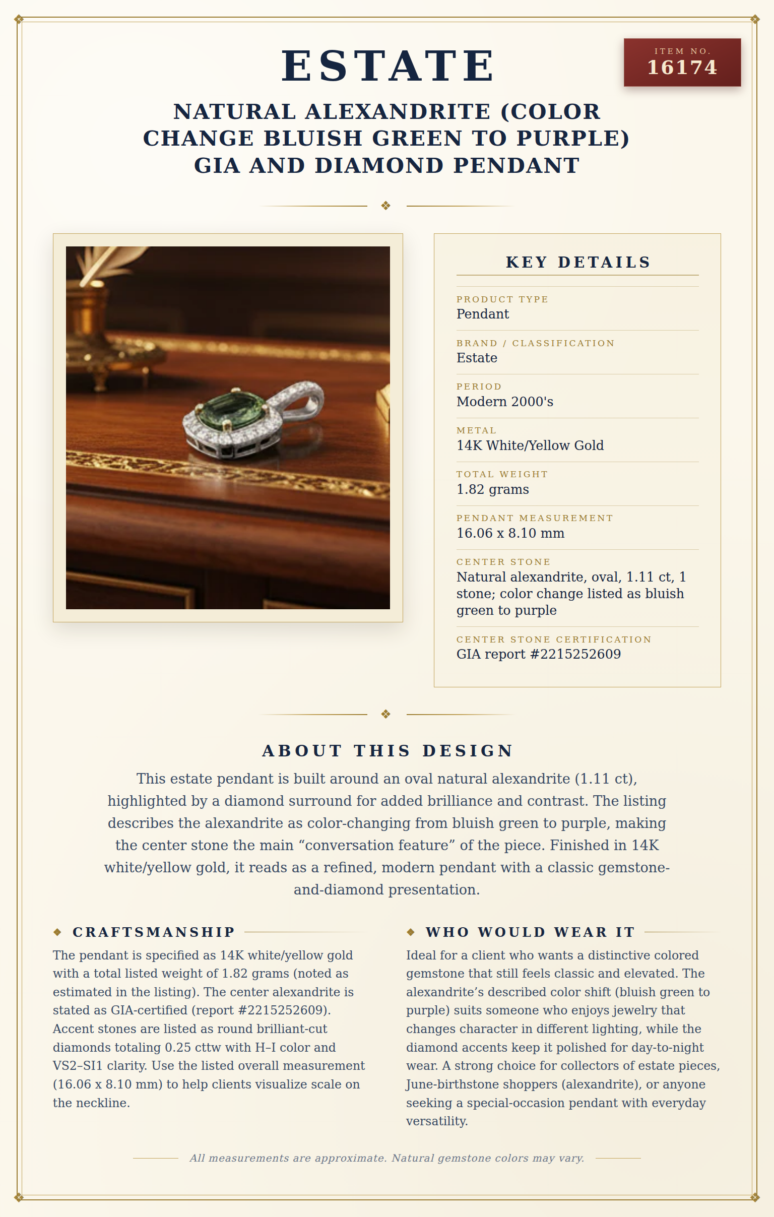Natural Alexandrite (Color Change Bluish Green to Purple) GIA and Diamond Pendant — anatomy card