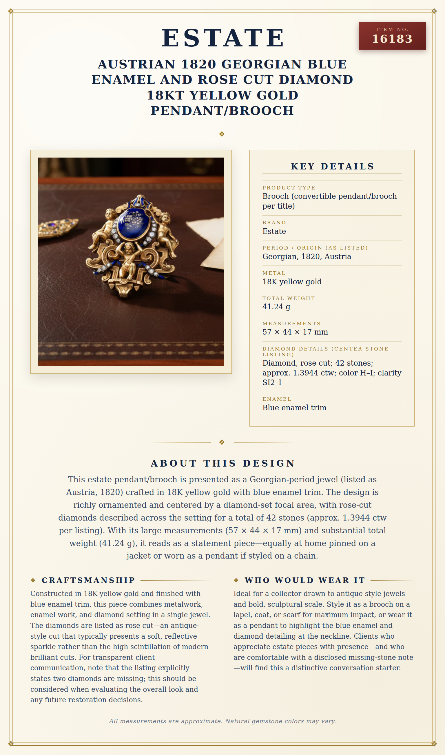 Austrian 1820 Georgian Blue Enamel and Rose Cut Diamond 18kt Yellow Gold Pendant/Brooch — anatomy card
