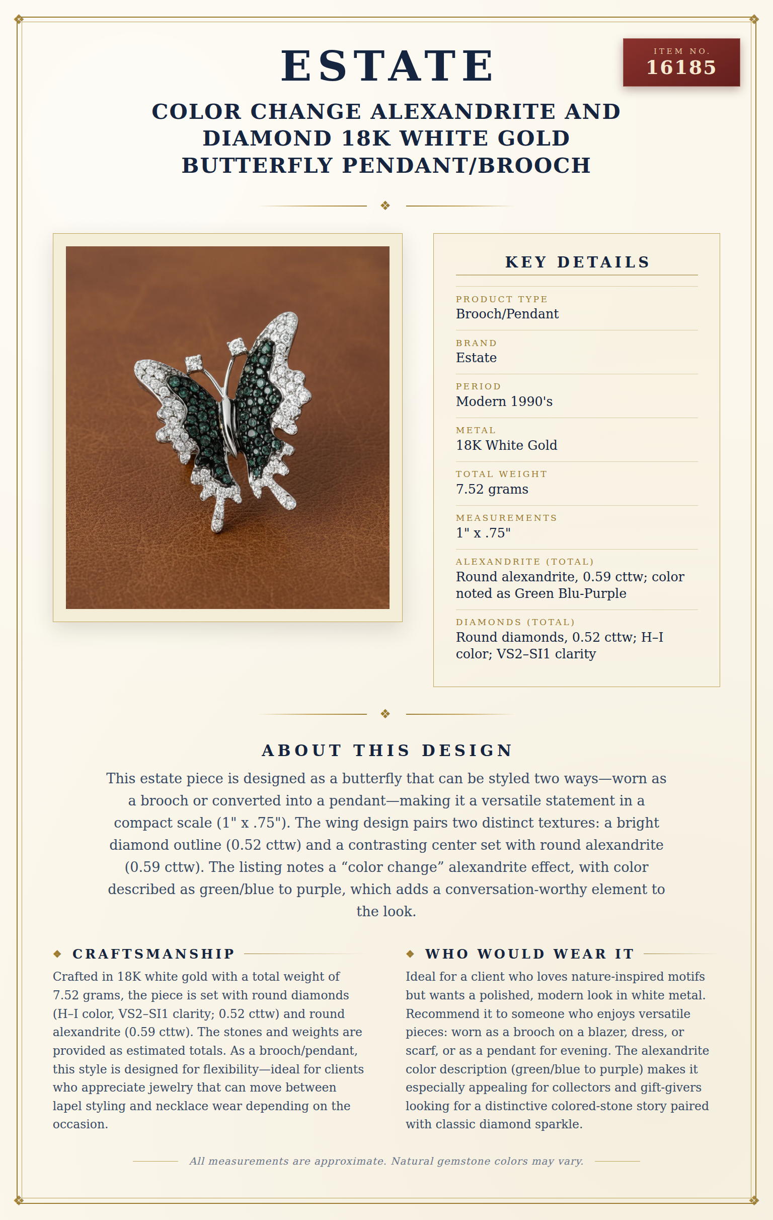Color Change Alexandrite and Diamond 18K White Gold Butterfly Pendant/Brooch — anatomy card