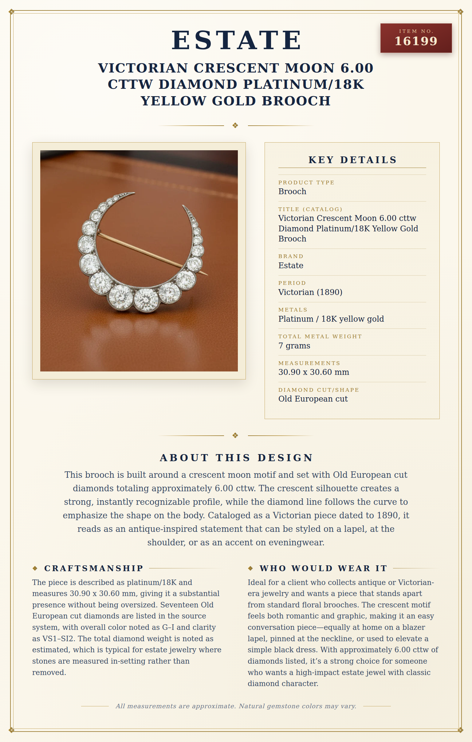 Victorian Crescent Moon 6.00 cttw Diamond Platinum/18K Yellow Gold Brooch — anatomy card