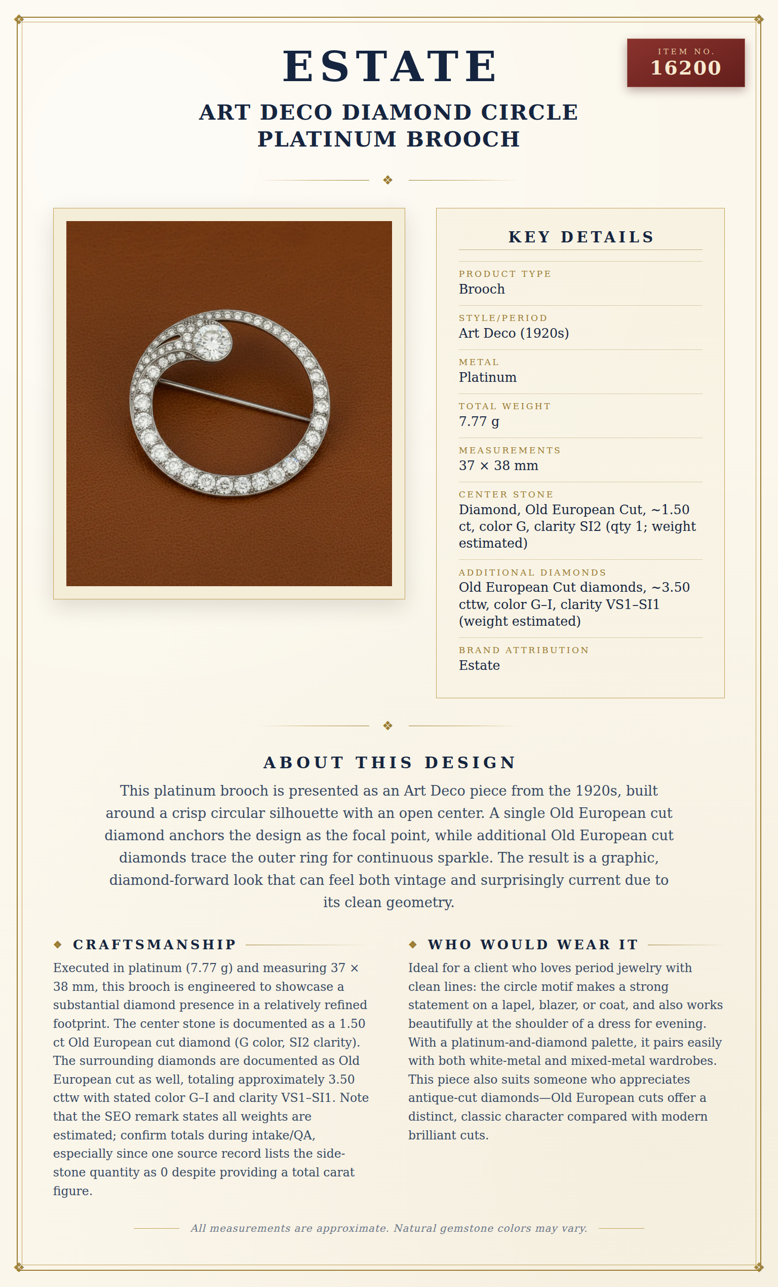 Art Deco Diamond Circle Platinum Brooch — anatomy card
