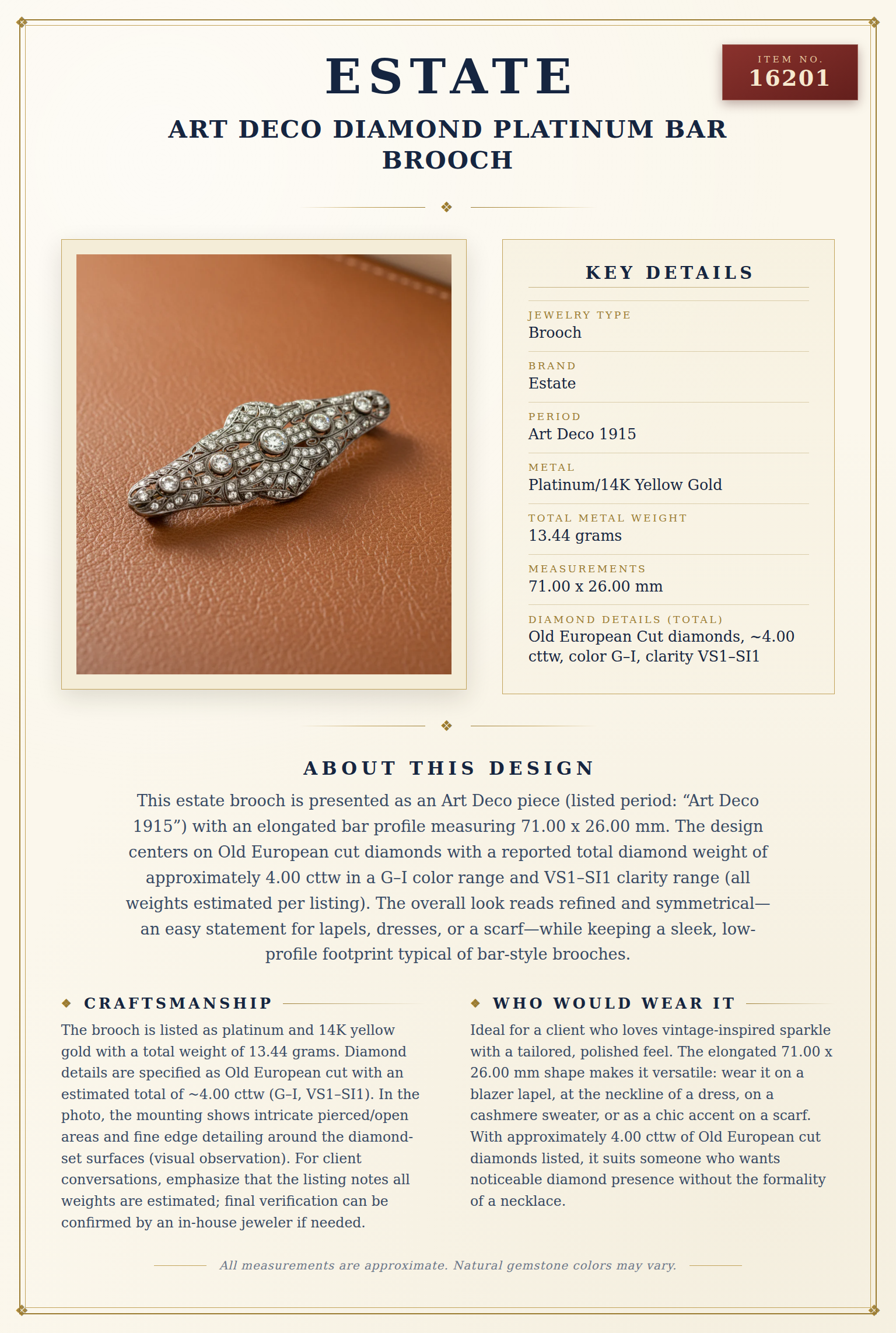 Art Deco Diamond Platinum Bar Brooch — anatomy card