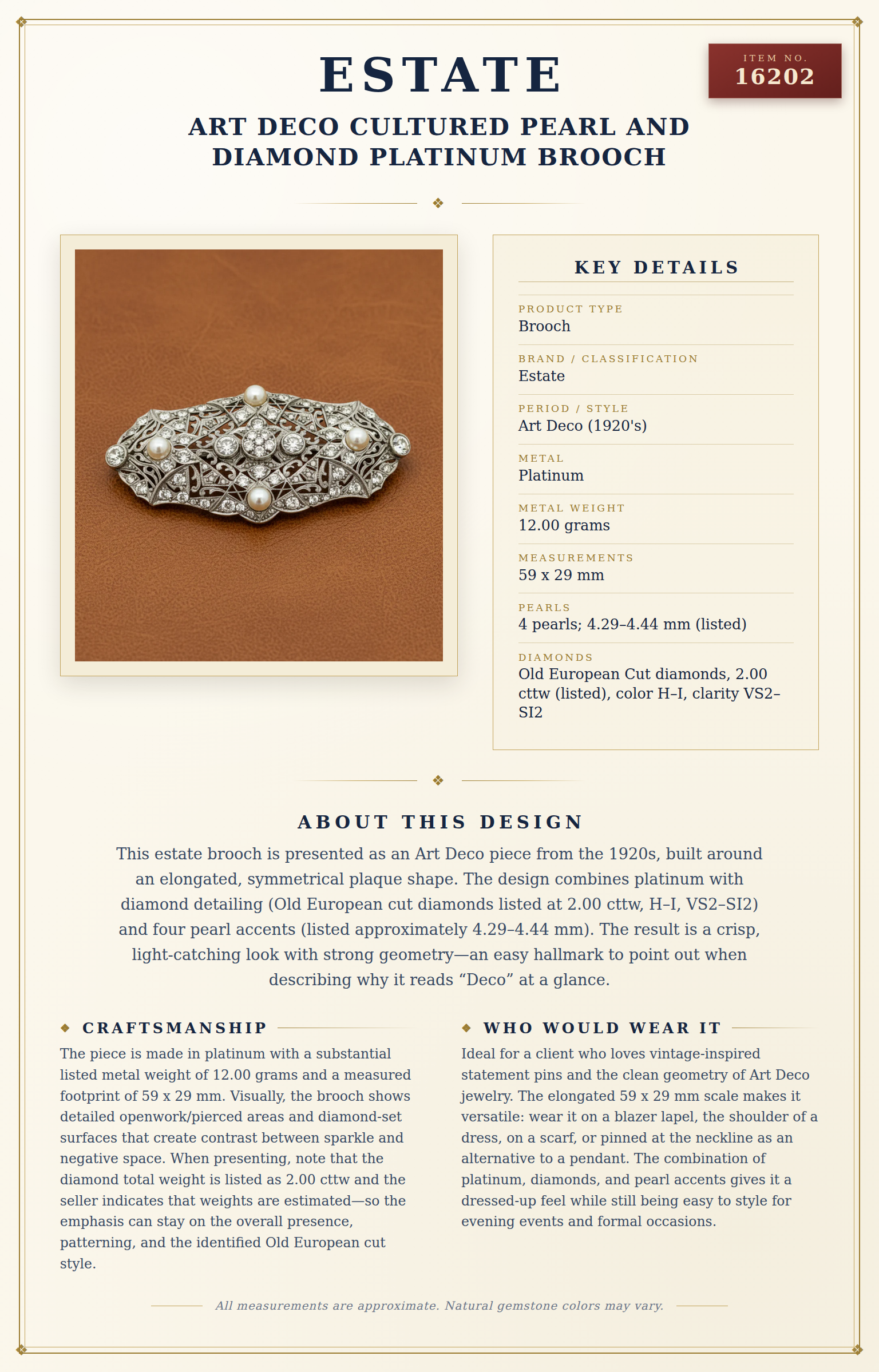 Art Deco Cultured Pearl and Diamond Platinum Brooch — anatomy card