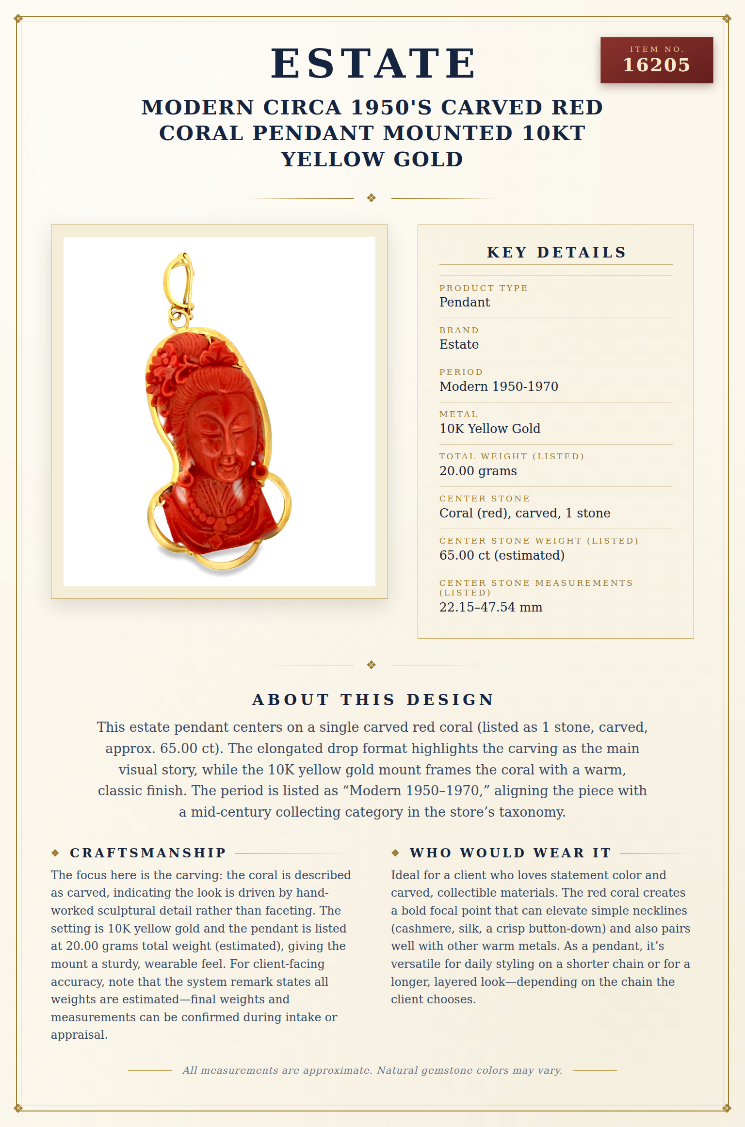 Modern Circa 1950's Carved Red Coral Pendant Mounted 10Kt Yellow Gold — anatomy card