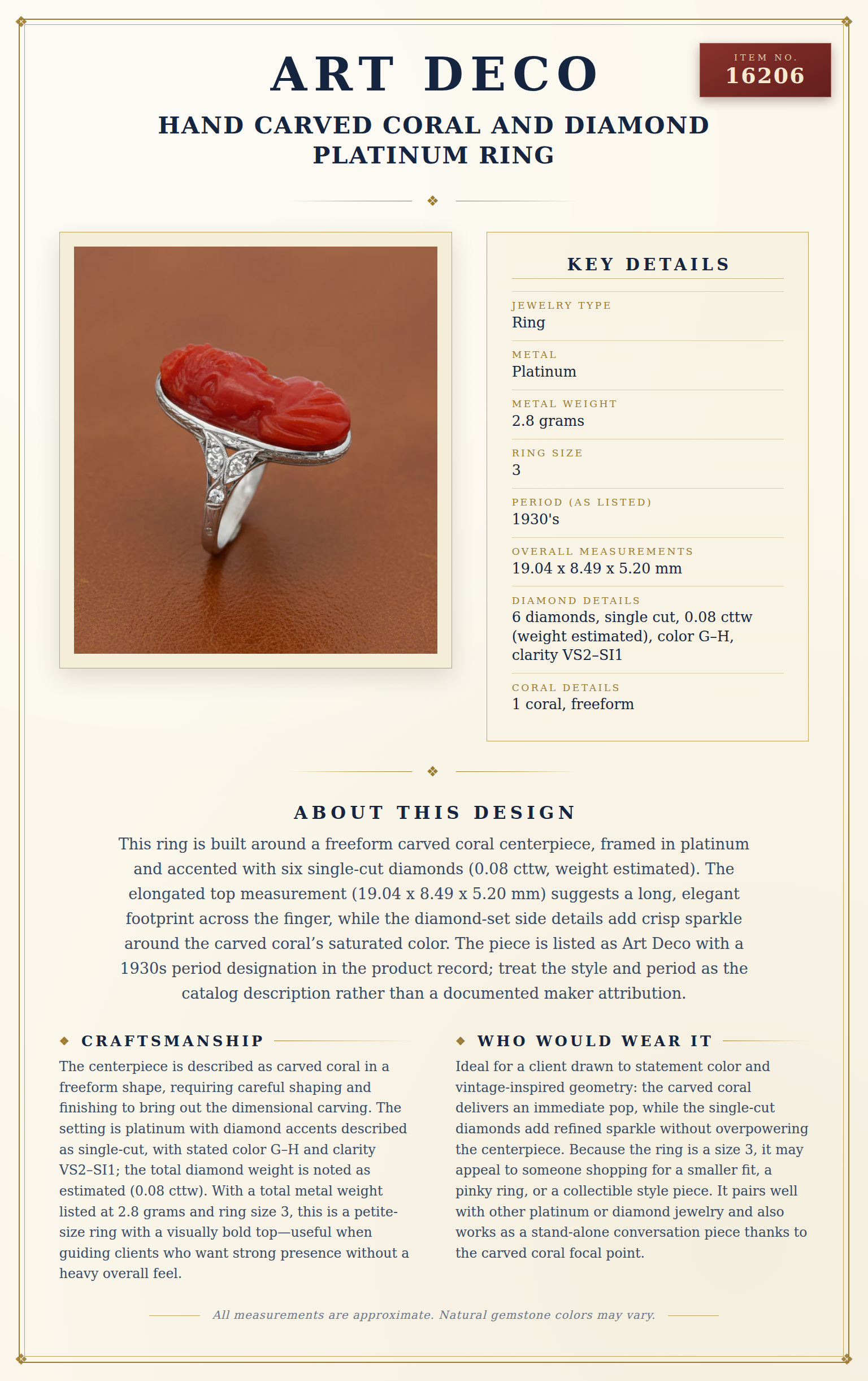 Art Deco Hand Carved Coral and Diamond Platinum Ring — anatomy card