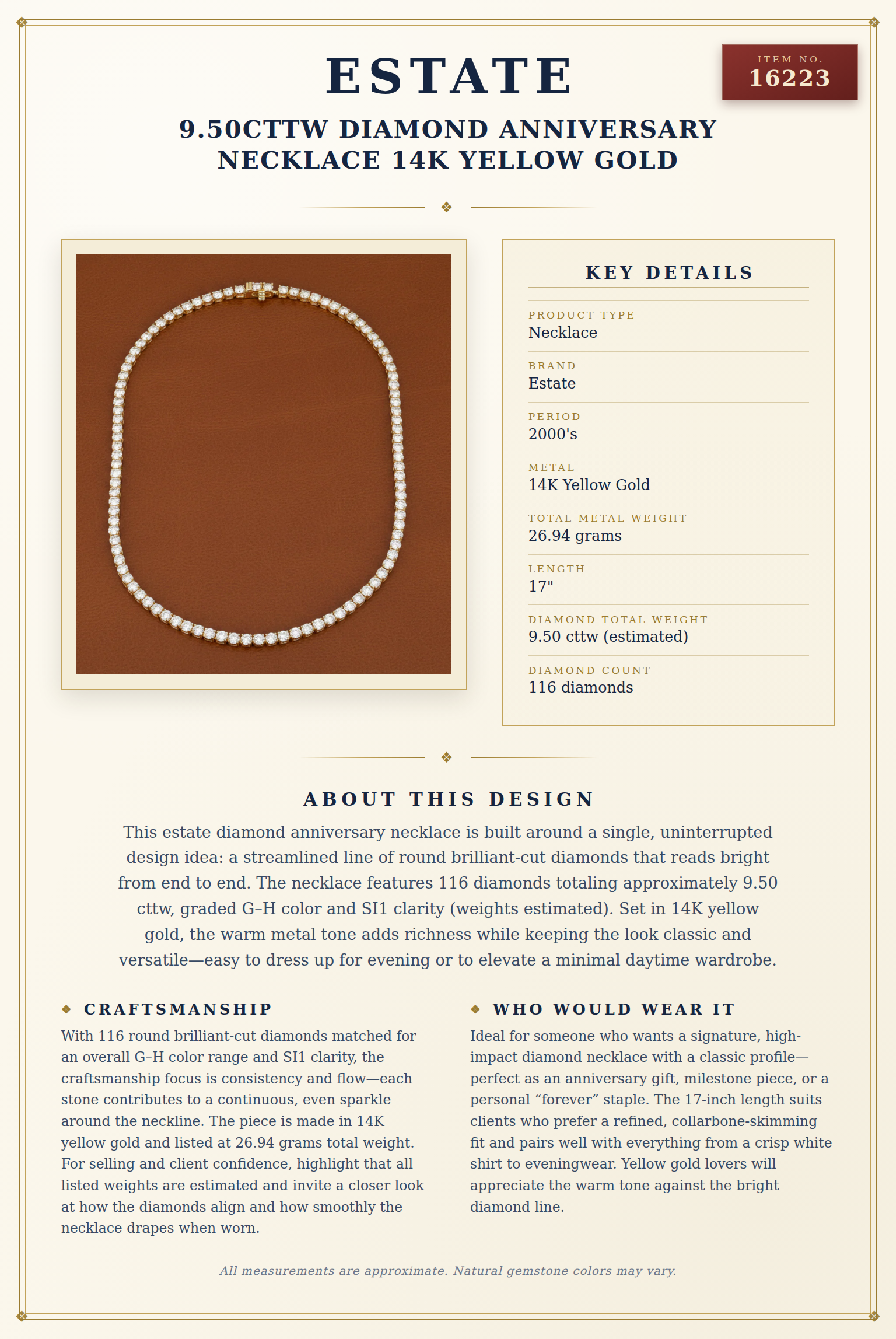 9.50cttw Diamond Anniversary Necklace 14K Yellow Gold — anatomy card