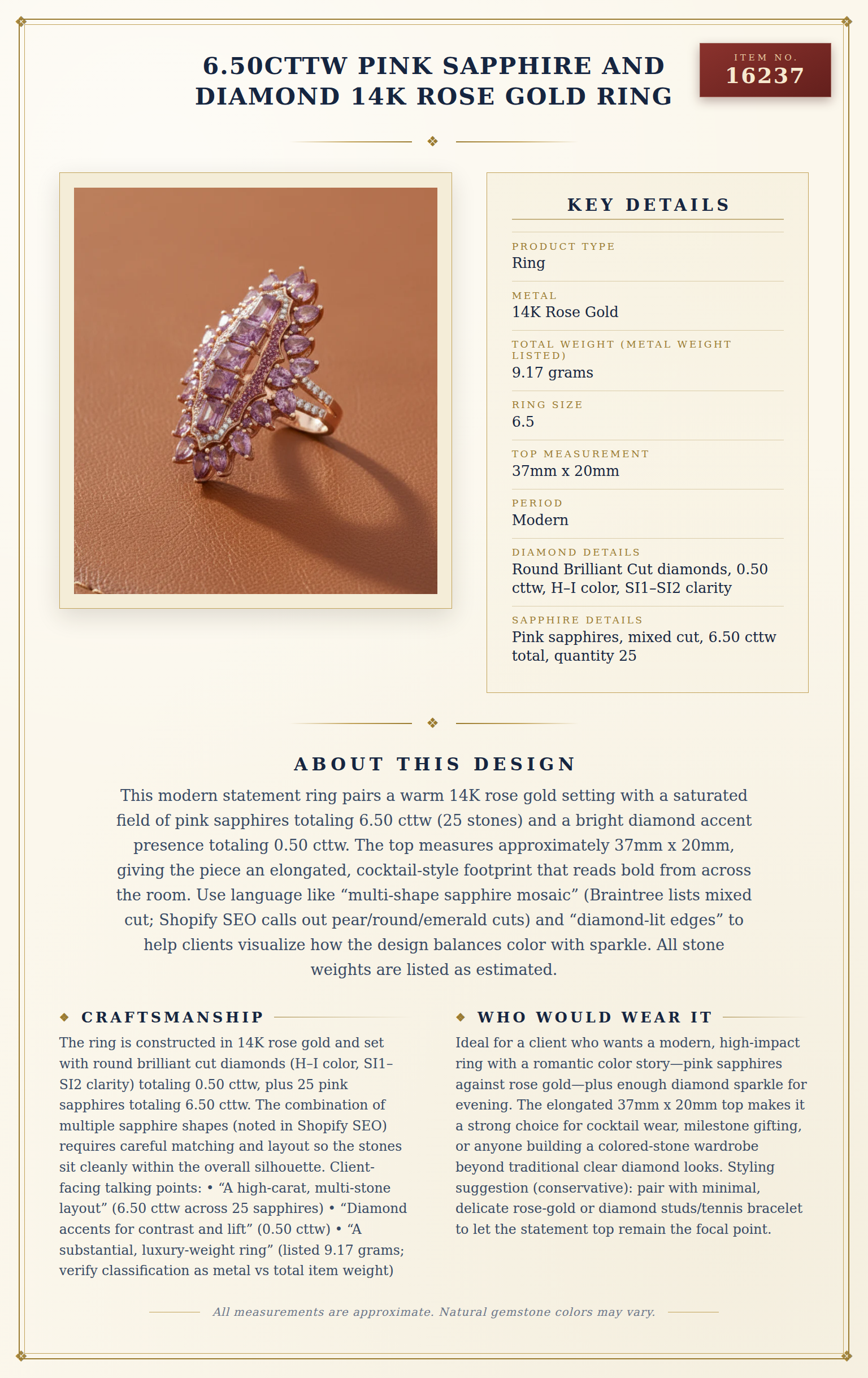 6.50cttw Pink Sapphire and Diamond 14K Rose Gold Ring — anatomy card