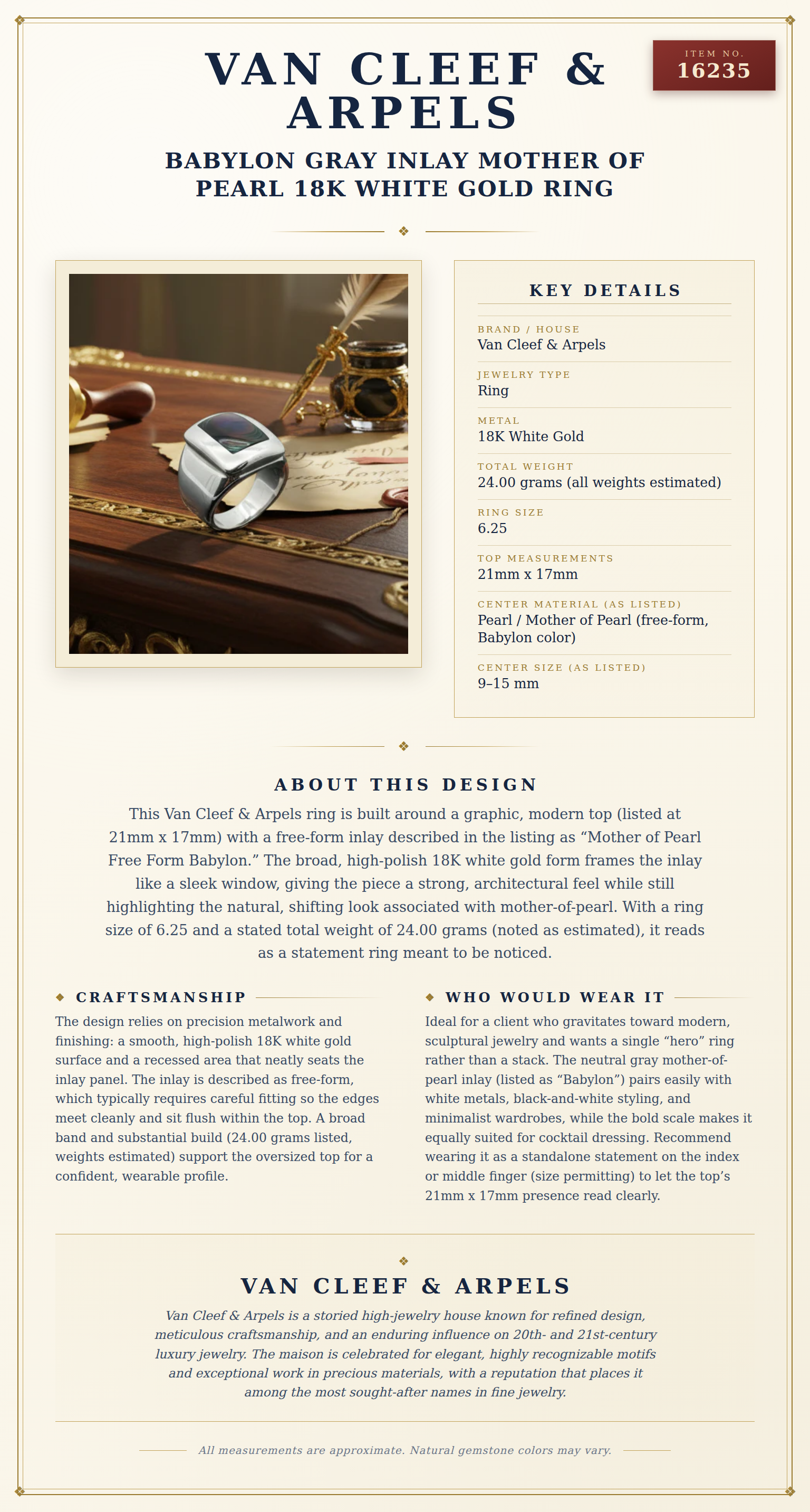 Van Cleef & Arpels Babylon Gray Inlay Mother of Pearl 18K White Gold Ring — anatomy card