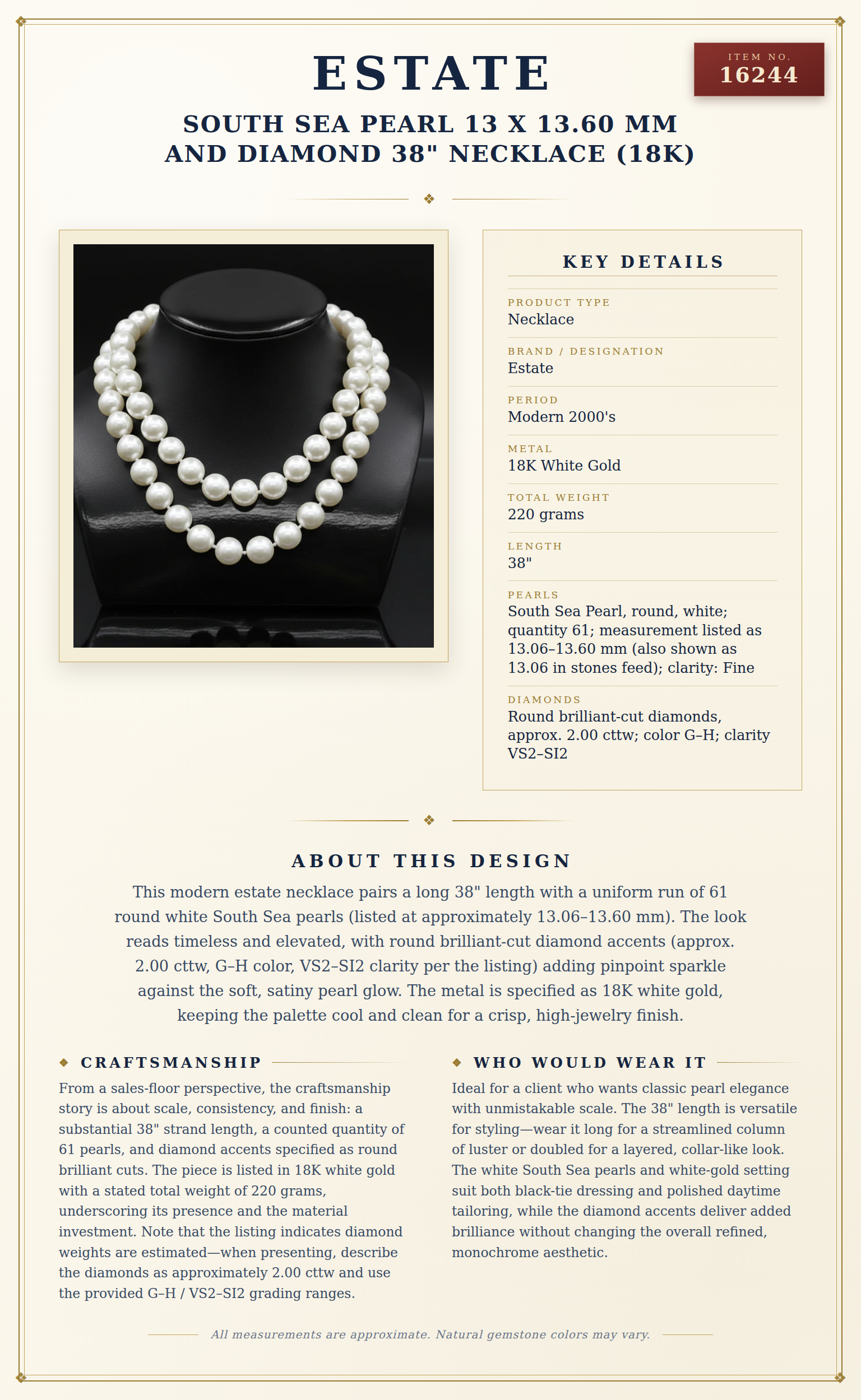Estate South Sea Pearl 13 x 13.60 mm and Diamond 38" Necklace (18K) — anatomy card