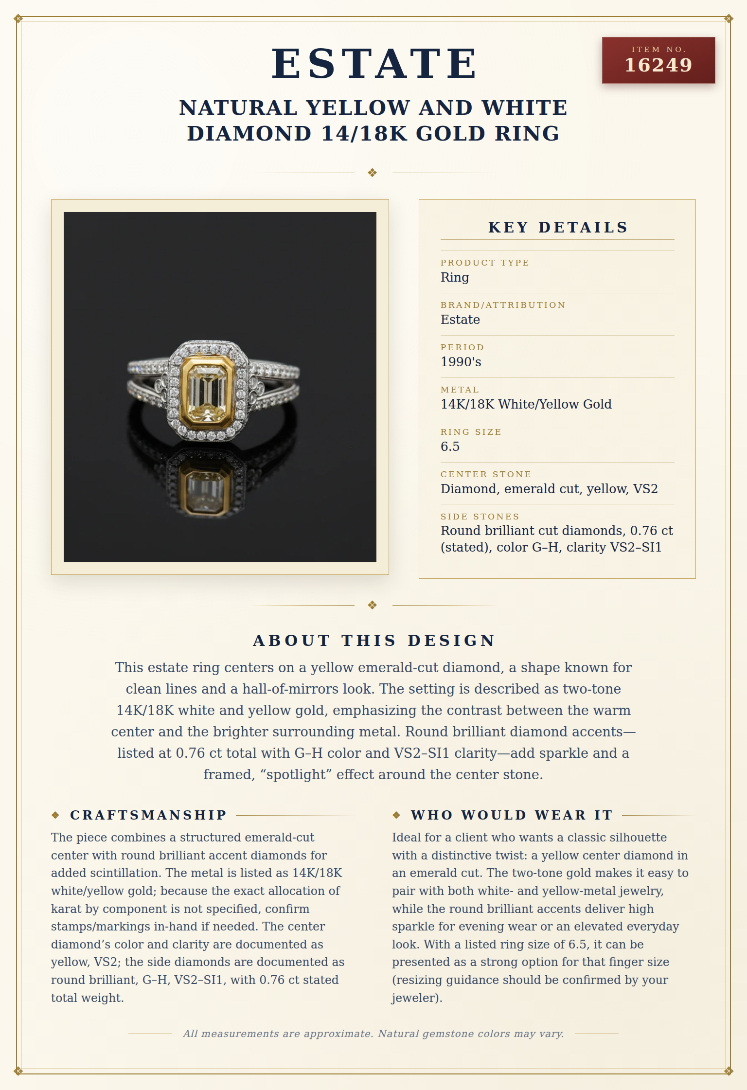 Natural Yellow and White Diamond 14/18K Gold Ring — anatomy card