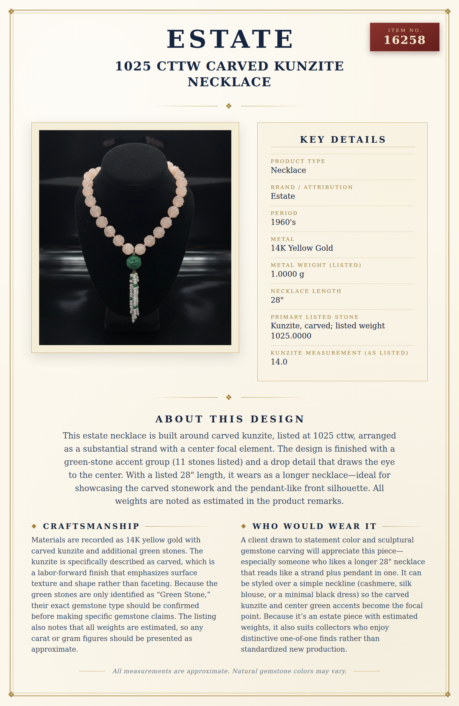 1025 cttw Carved Kunzite Necklace — anatomy card
