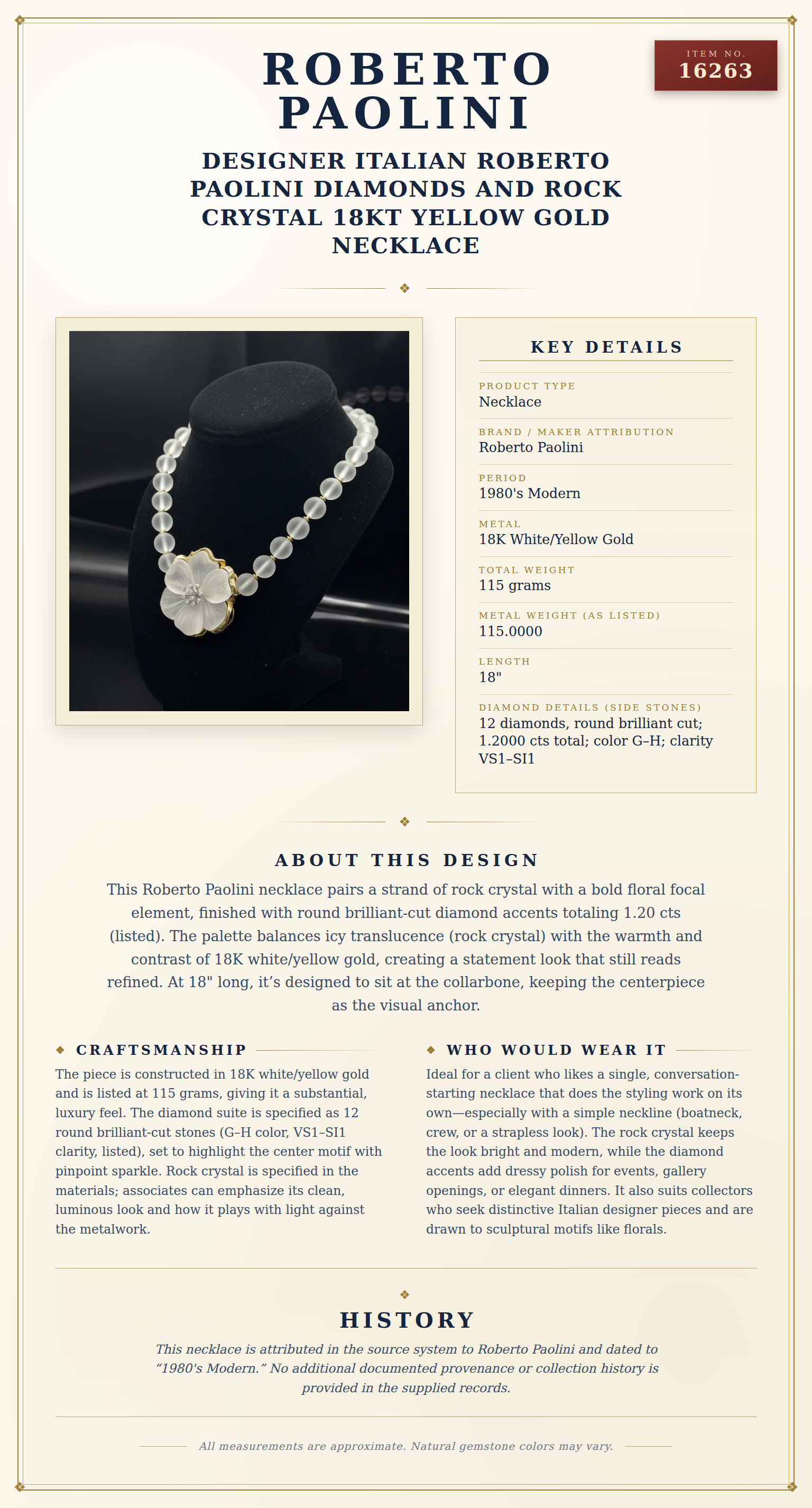 Designer Italian Roberto Paolini Diamonds and Rock Crystal 18Kt Yellow Gold Necklace — anatomy card