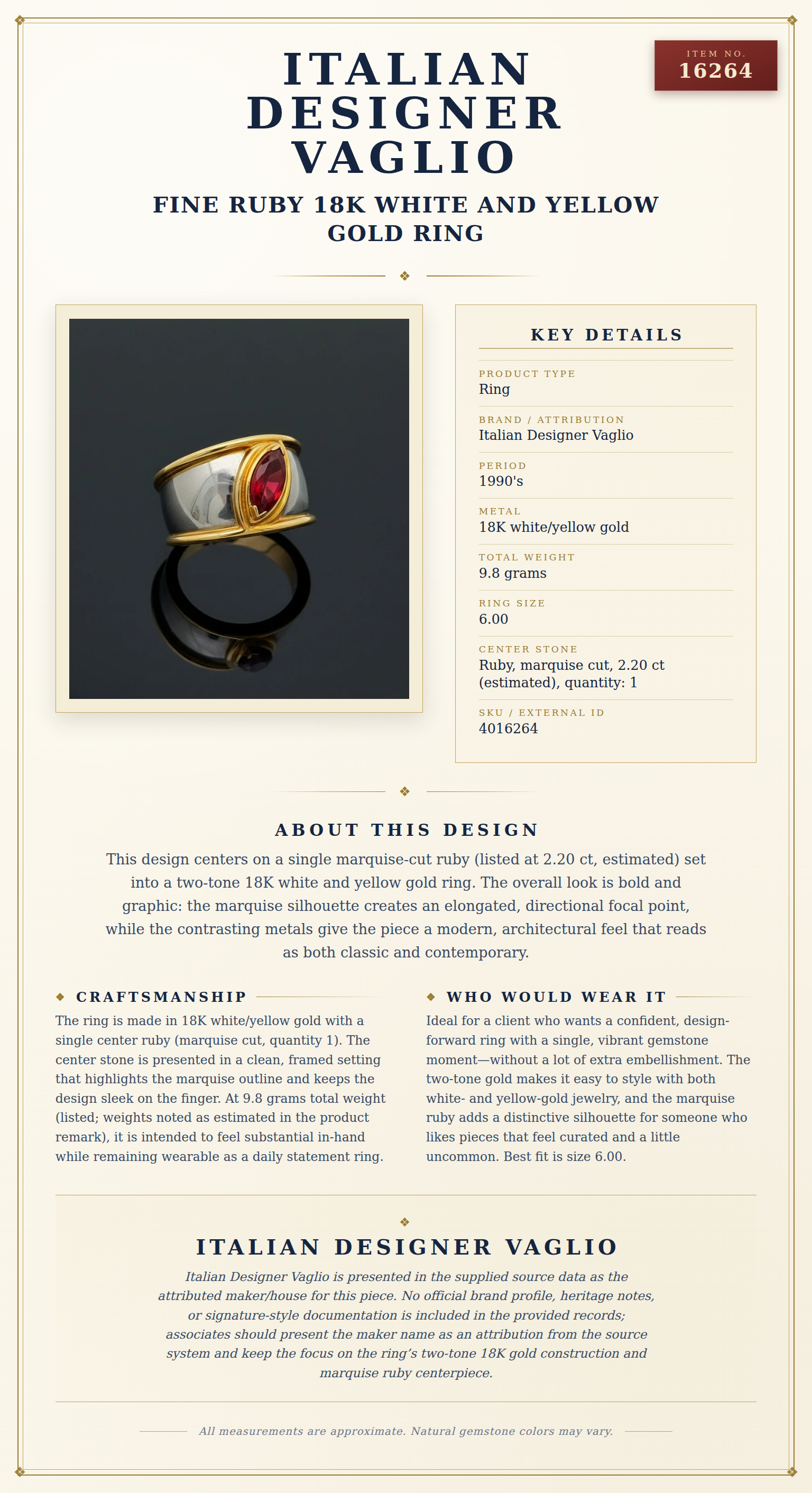 Italian Designer Vaglio Fine Ruby 18K White and Yellow Gold Ring — anatomy card