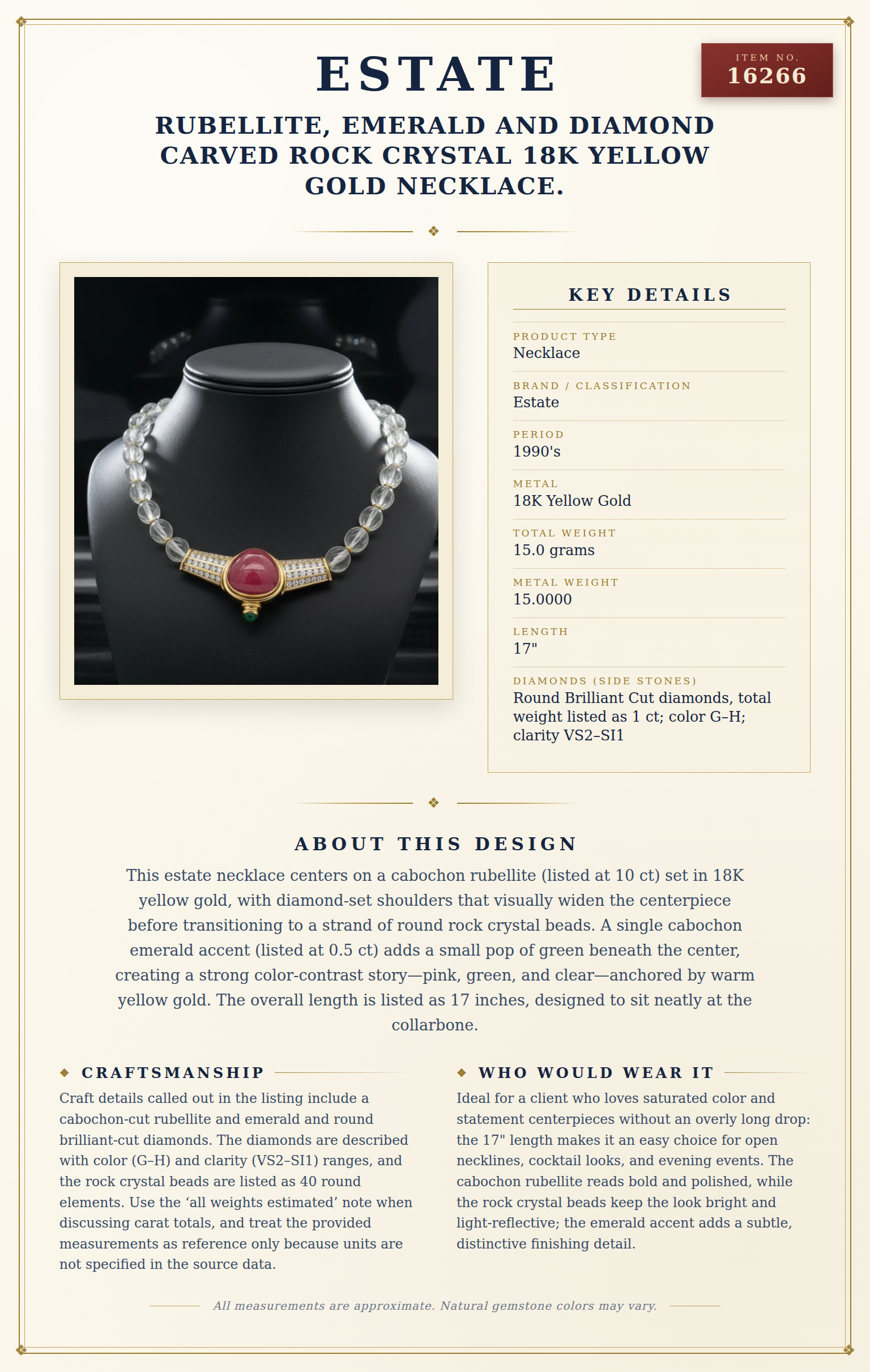 Rubellite, Emerald and Diamond Carved Rock Crystal 18K Yellow Gold Necklace. — anatomy card
