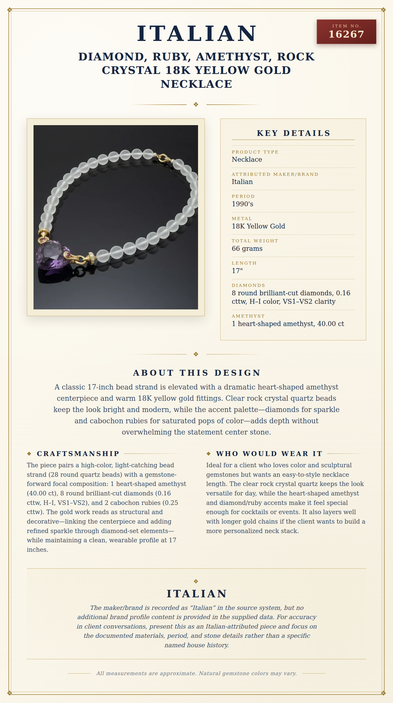 Italian Diamond, Ruby, Amethyst, Rock Crystal 18K Yellow Gold Necklace — anatomy card