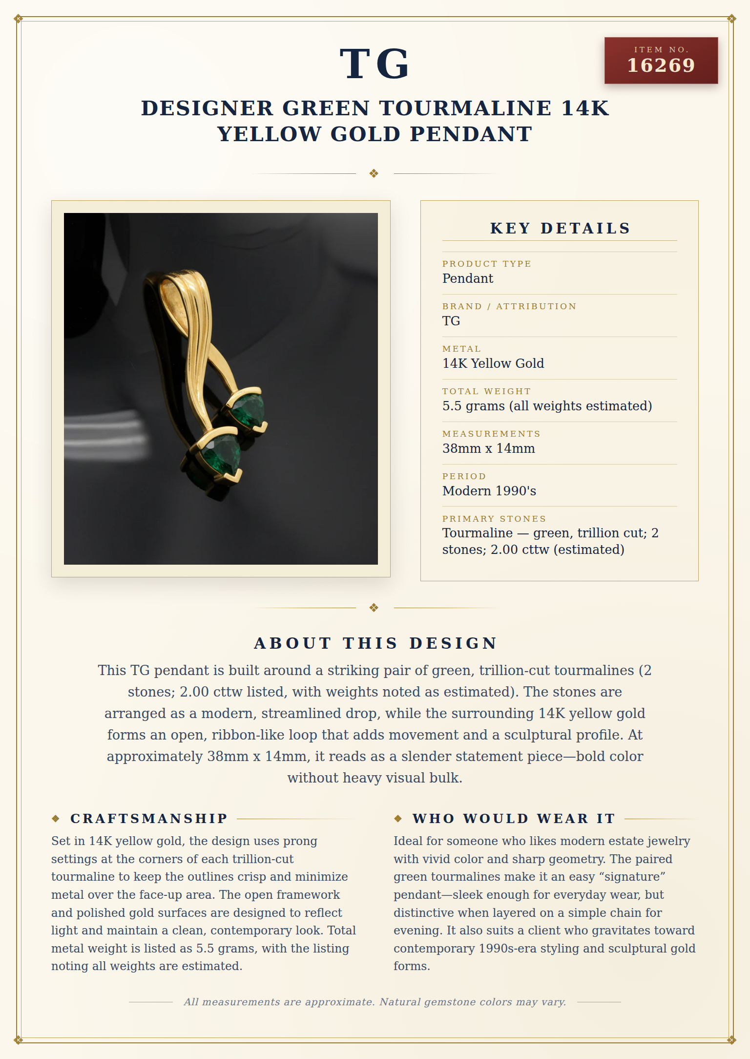 Designer Green Tourmaline 14K Yellow Gold Pendant — anatomy card