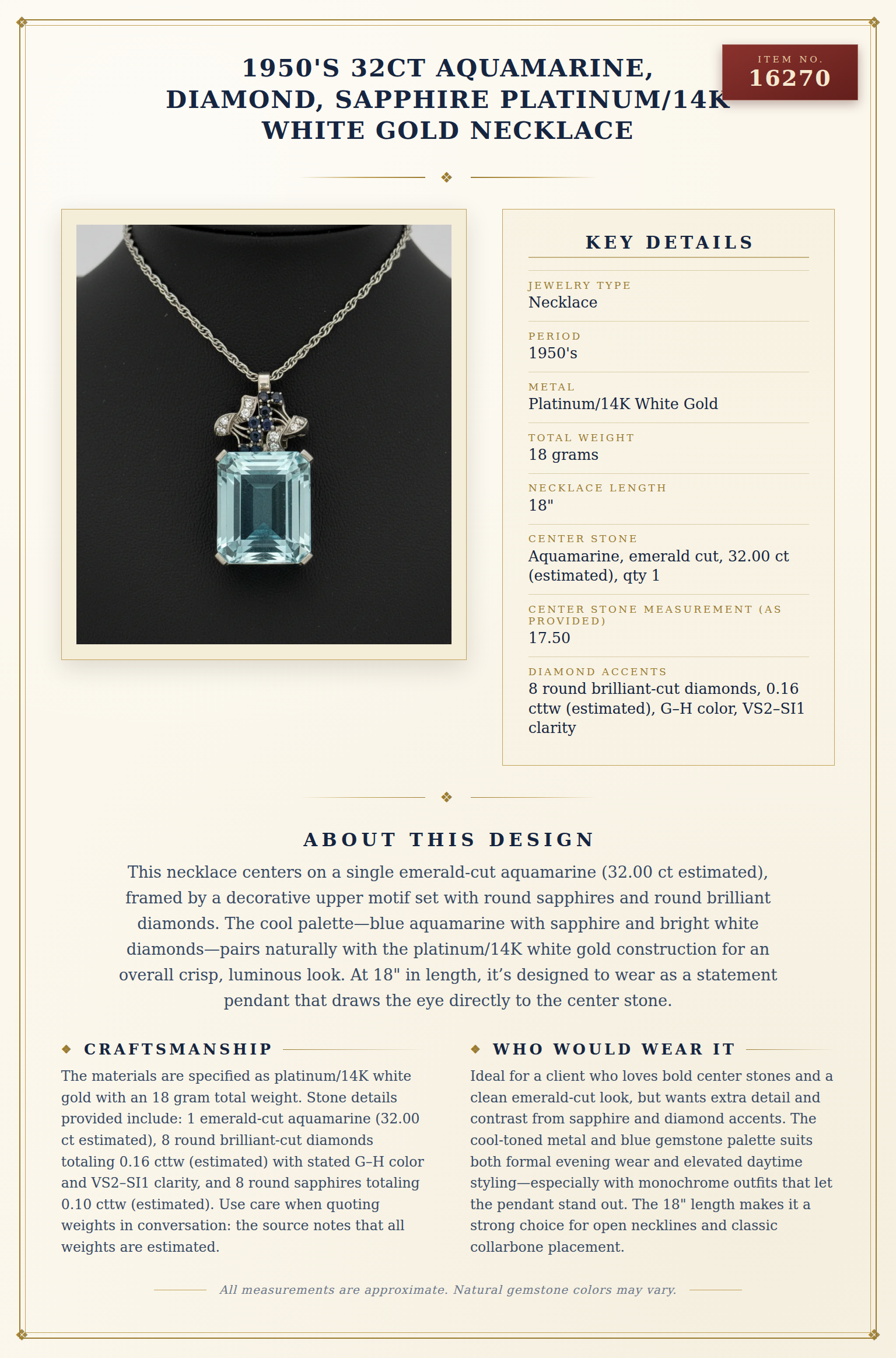 1950's 32ct Aquamarine, Diamond, Sapphire Platinum/14K White Gold Necklace — anatomy card