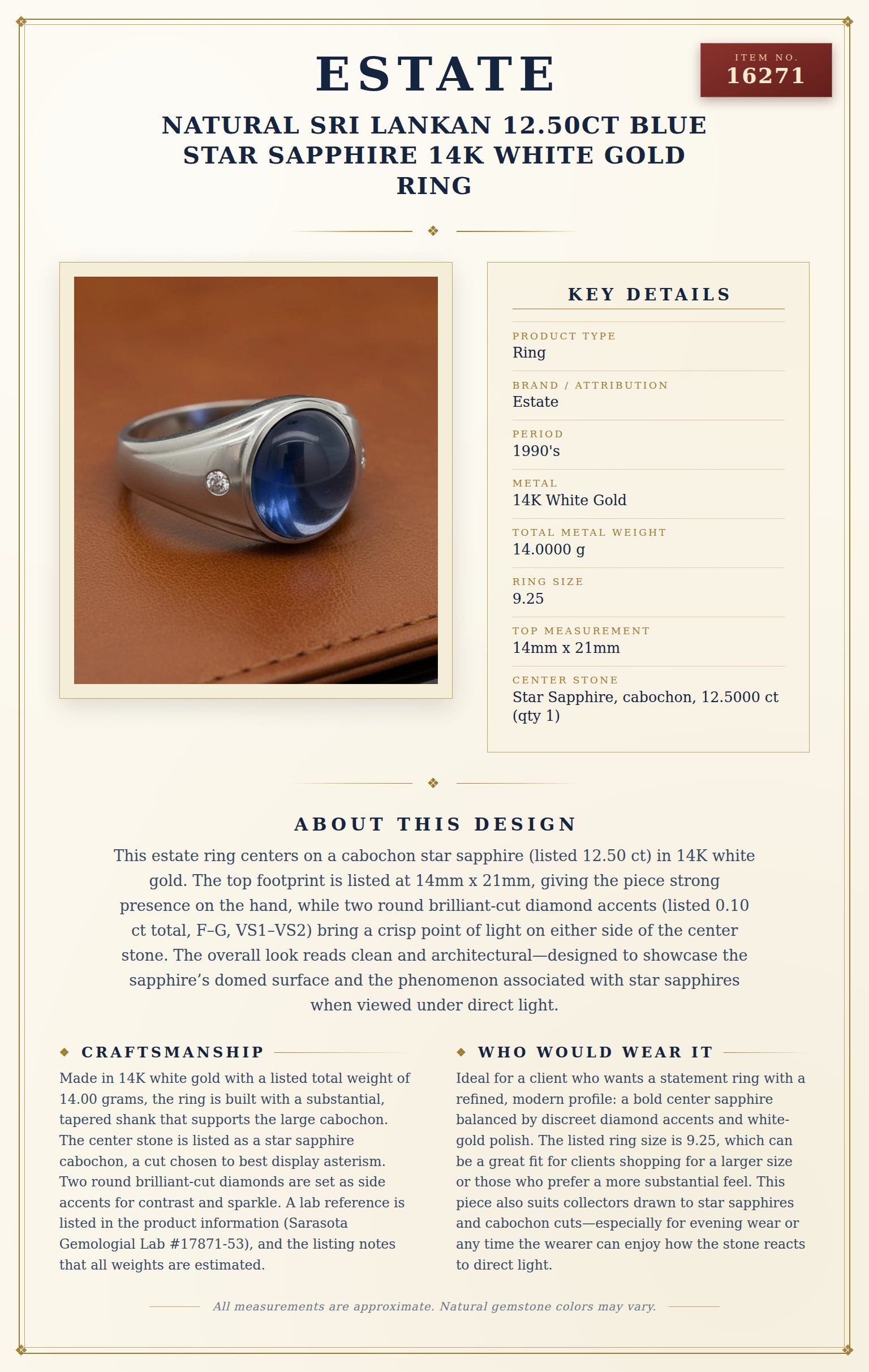 Natural Sri Lankan 12.50ct Blue Star Sapphire 14K White Gold Ring — anatomy card
