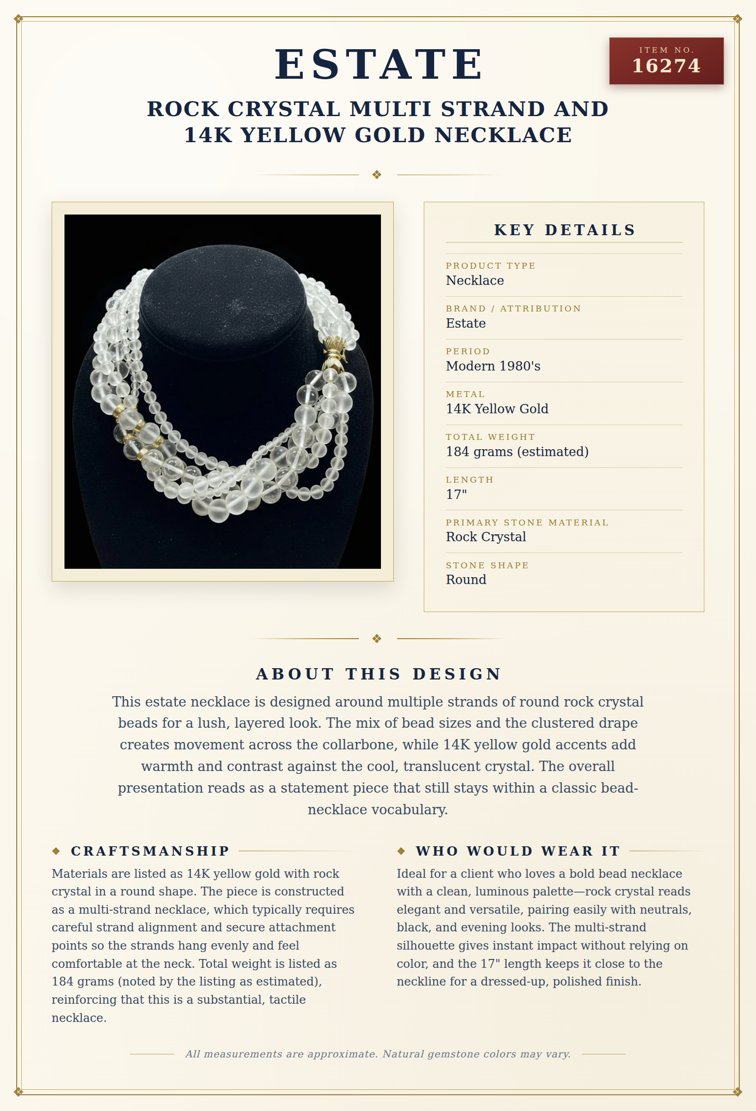 Rock Crystal Multi Strand and 14K Yellow Gold Necklace — anatomy card