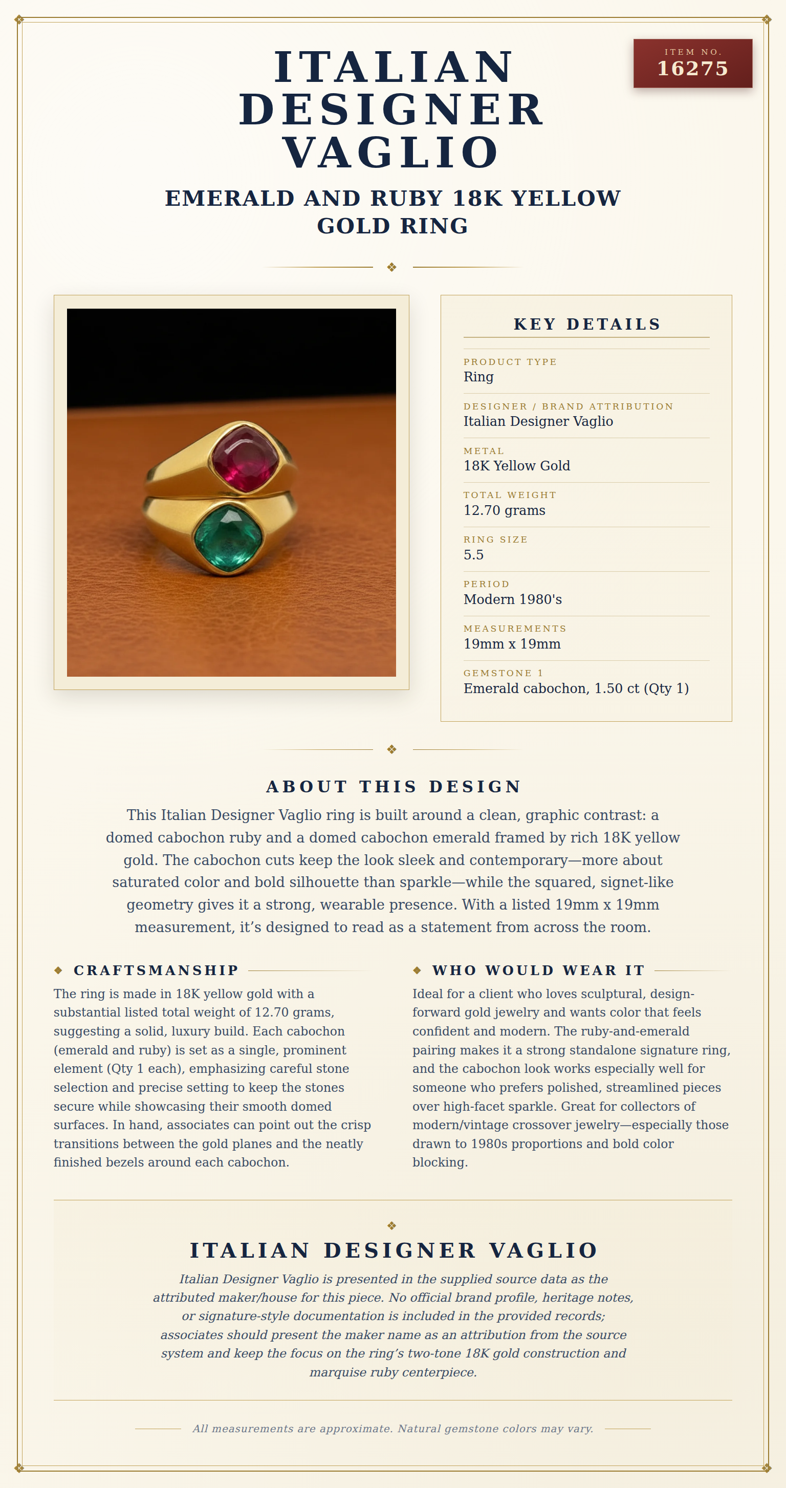 Italian Designer Vaglio Emerald and Ruby 18K Yellow Gold Ring — anatomy card