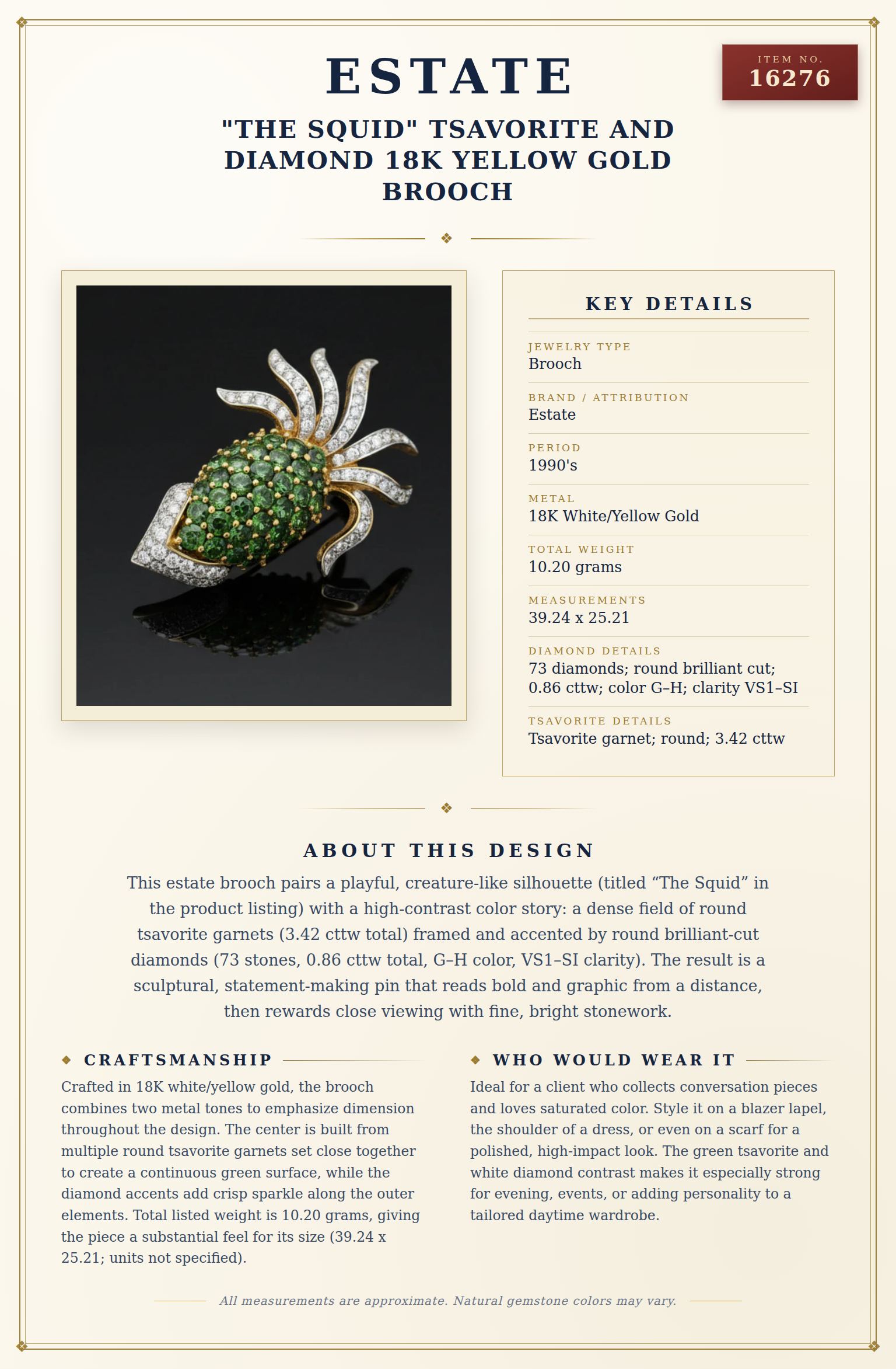"The Squid" Tsavorite and Diamond 18K Yellow Gold Brooch — anatomy card