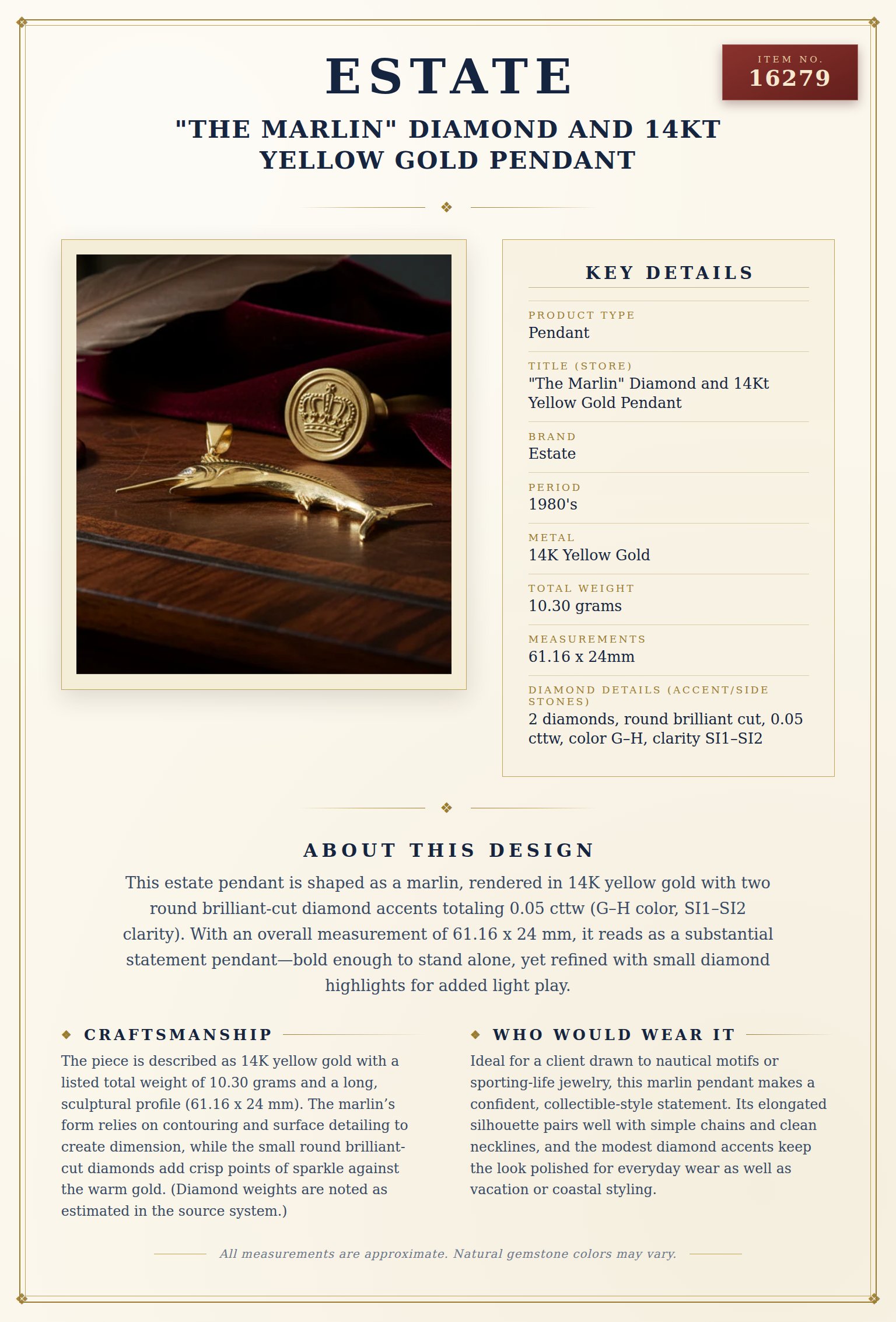 "The Marlin" Diamond and 14Kt Yellow Gold Pendant — anatomy card