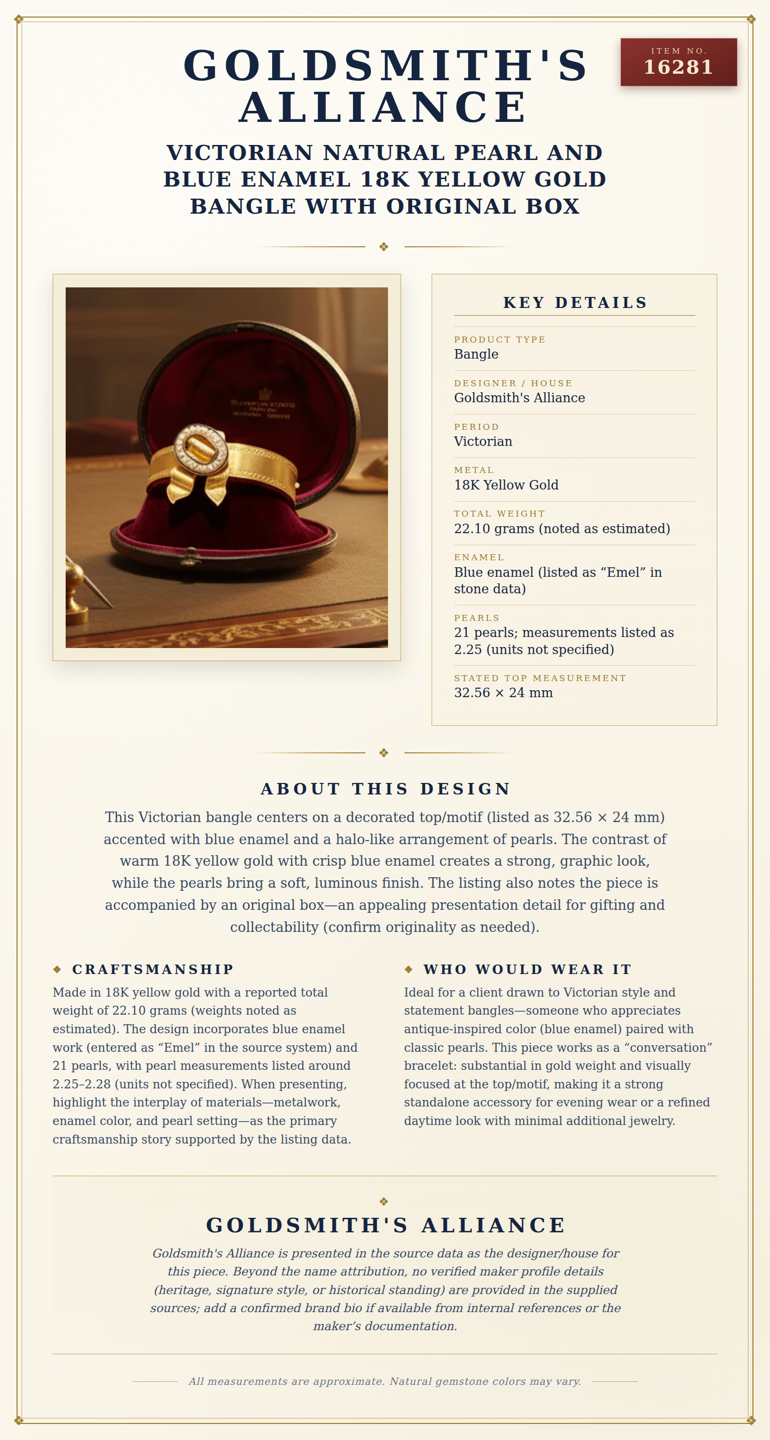 Victorian Natural Pearl and Blue Enamel 18K Yellow Gold Bangle with Original Box — anatomy card