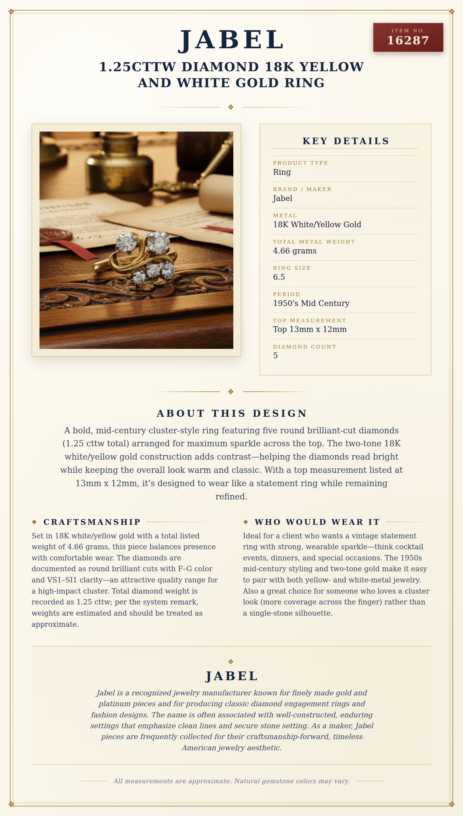 Jabel 1.25cttw Diamond 18K Yellow and White Gold Ring — anatomy card