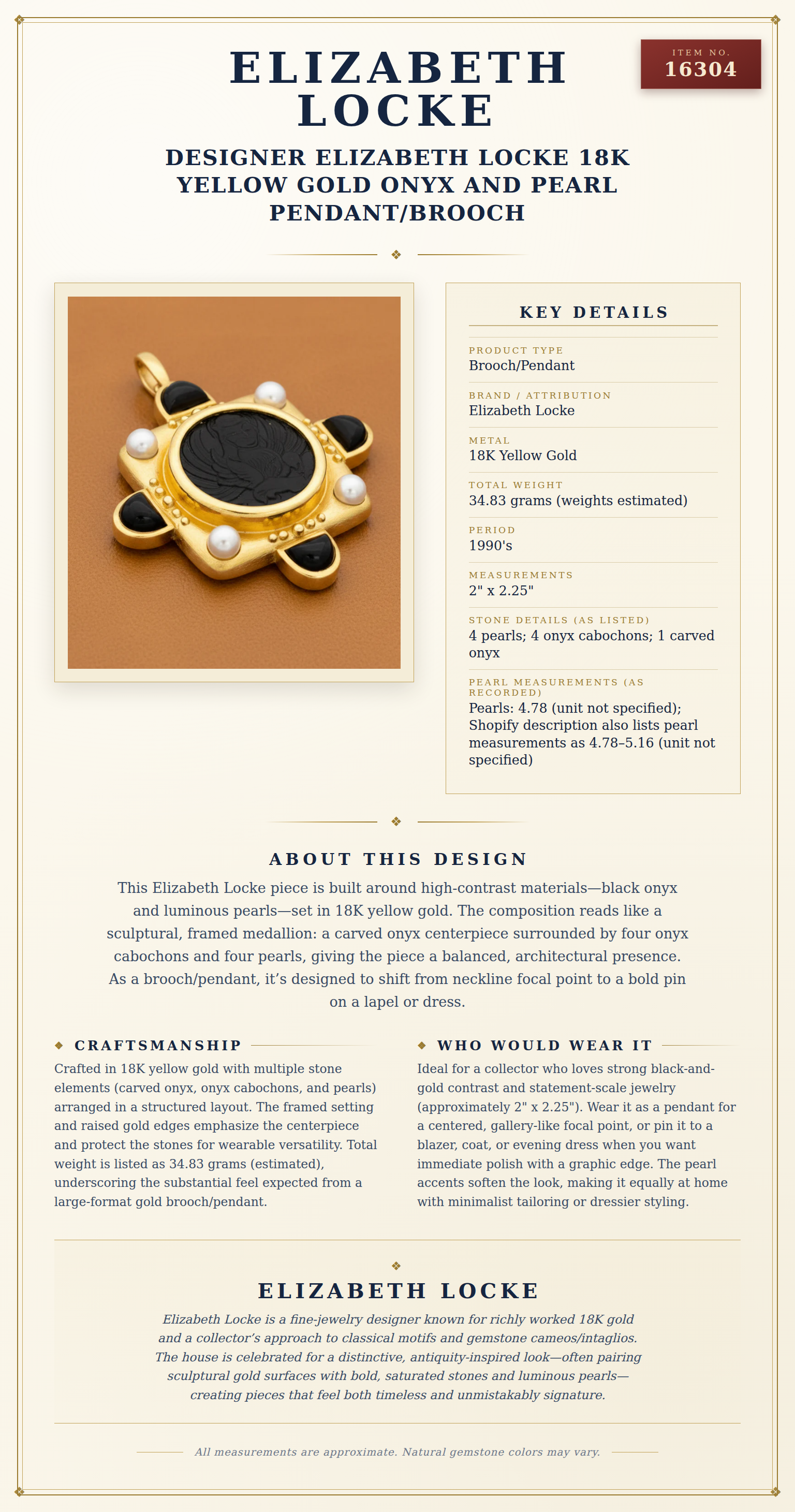 Designer Elizabeth Locke 18K Yellow Gold Onyx and Pearl Pendant/Brooch — anatomy card