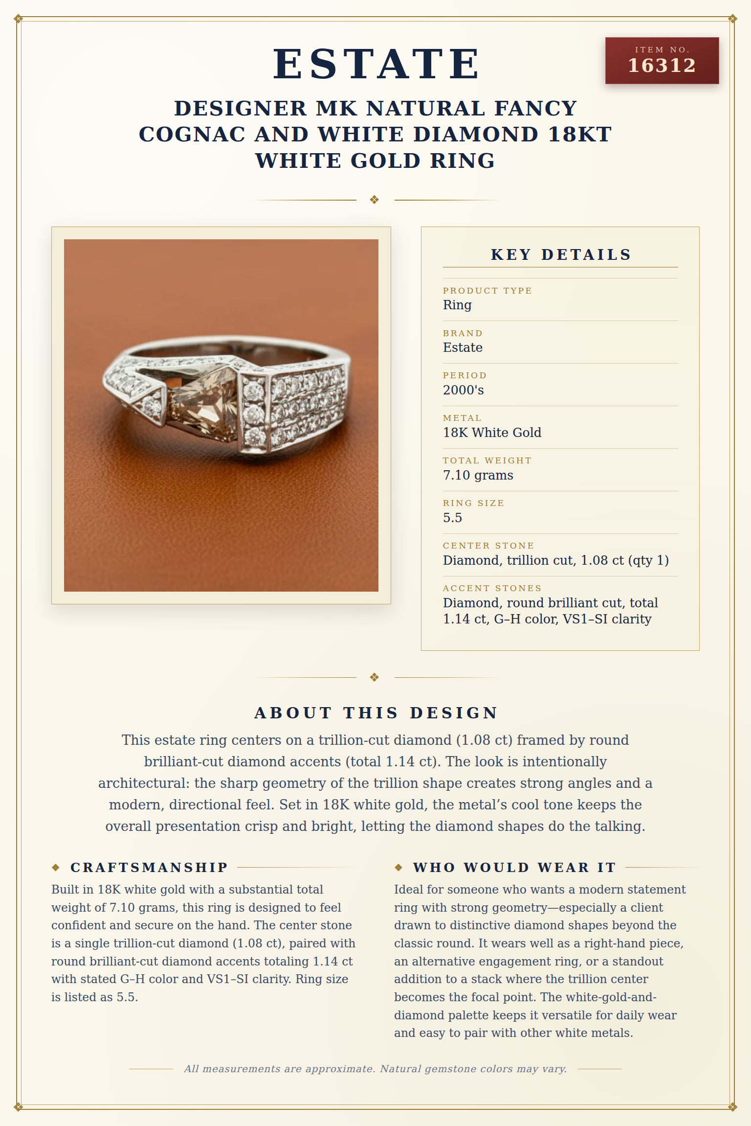 Designer MK Natural Fancy Cognac and White Diamond 18Kt White Gold Ring — anatomy card