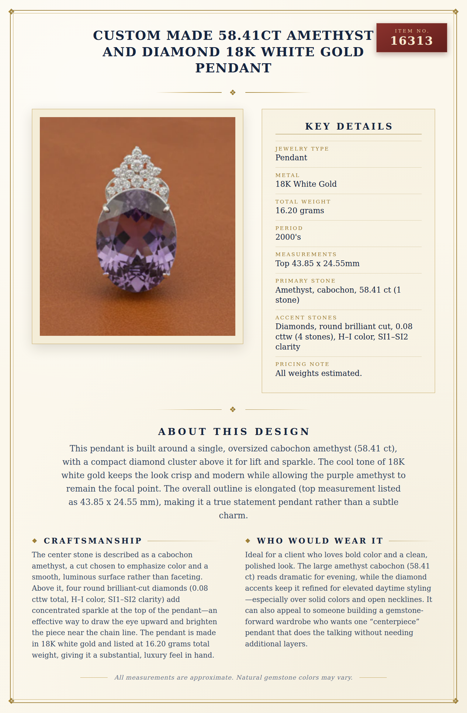 Custom Made 58.41ct Amethyst and Diamond 18K White Gold Pendant — anatomy card