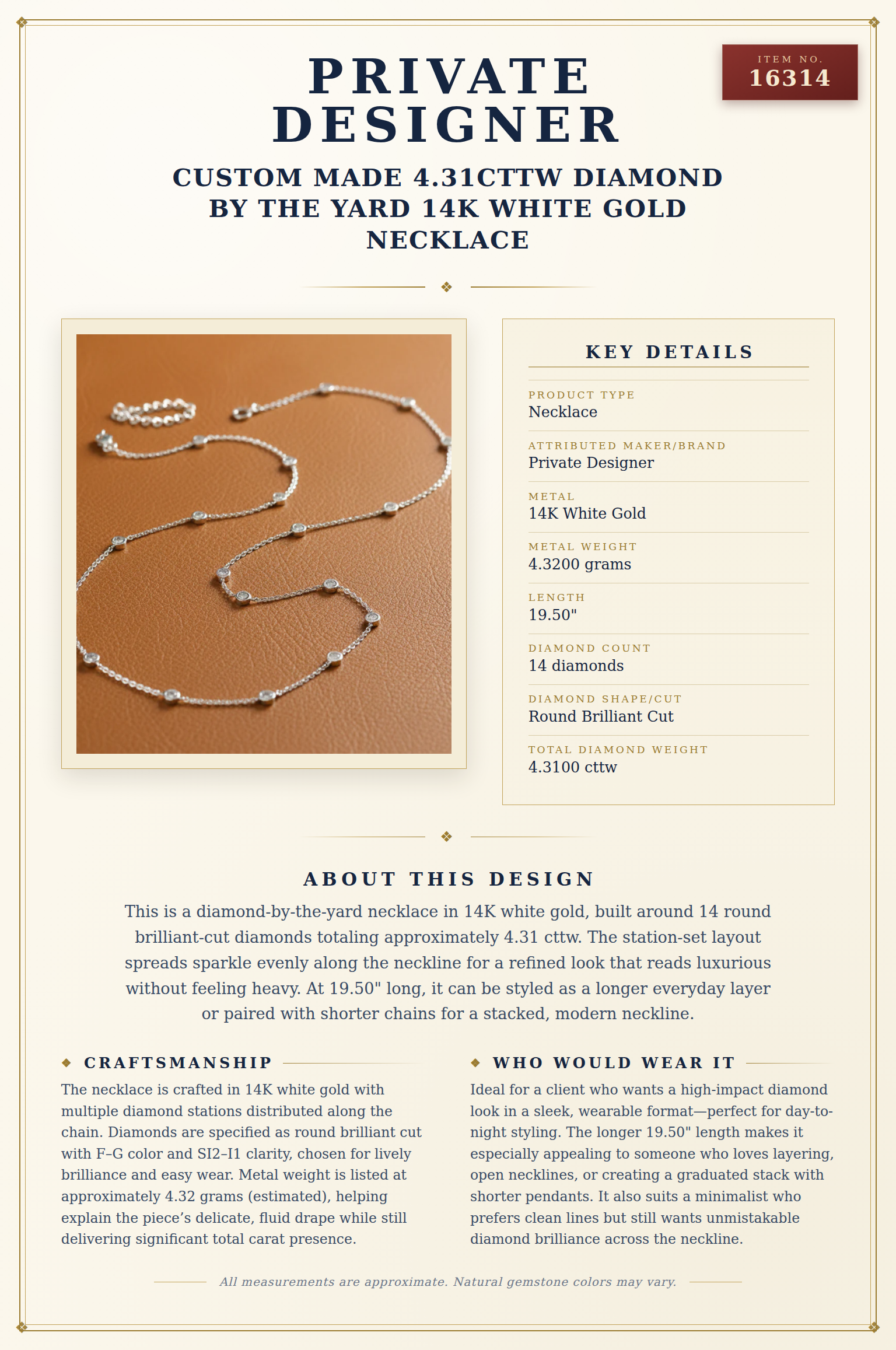 Custom Made 4.31cttw Diamond By The Yard 14K White Gold Necklace — anatomy card