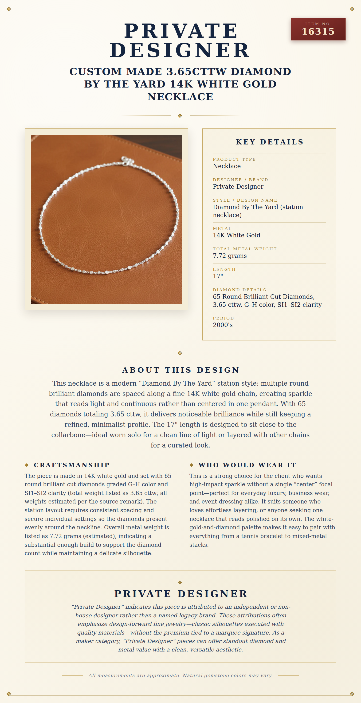 Custom Made 3.65cttw Diamond By The Yard 14K White Gold Necklace — anatomy card