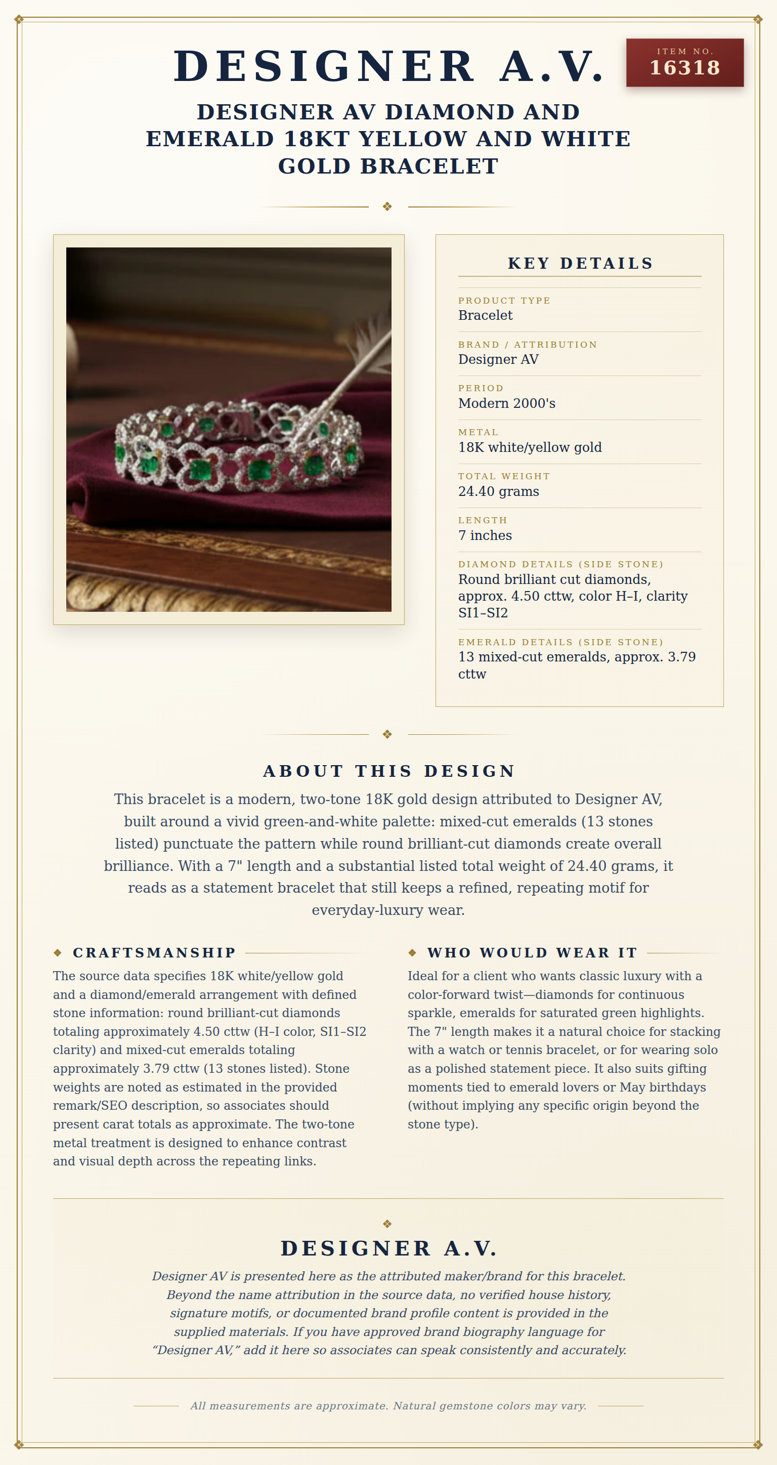 Designer AV Diamond and Emerald 18Kt Yellow and White Gold Bracelet — anatomy card