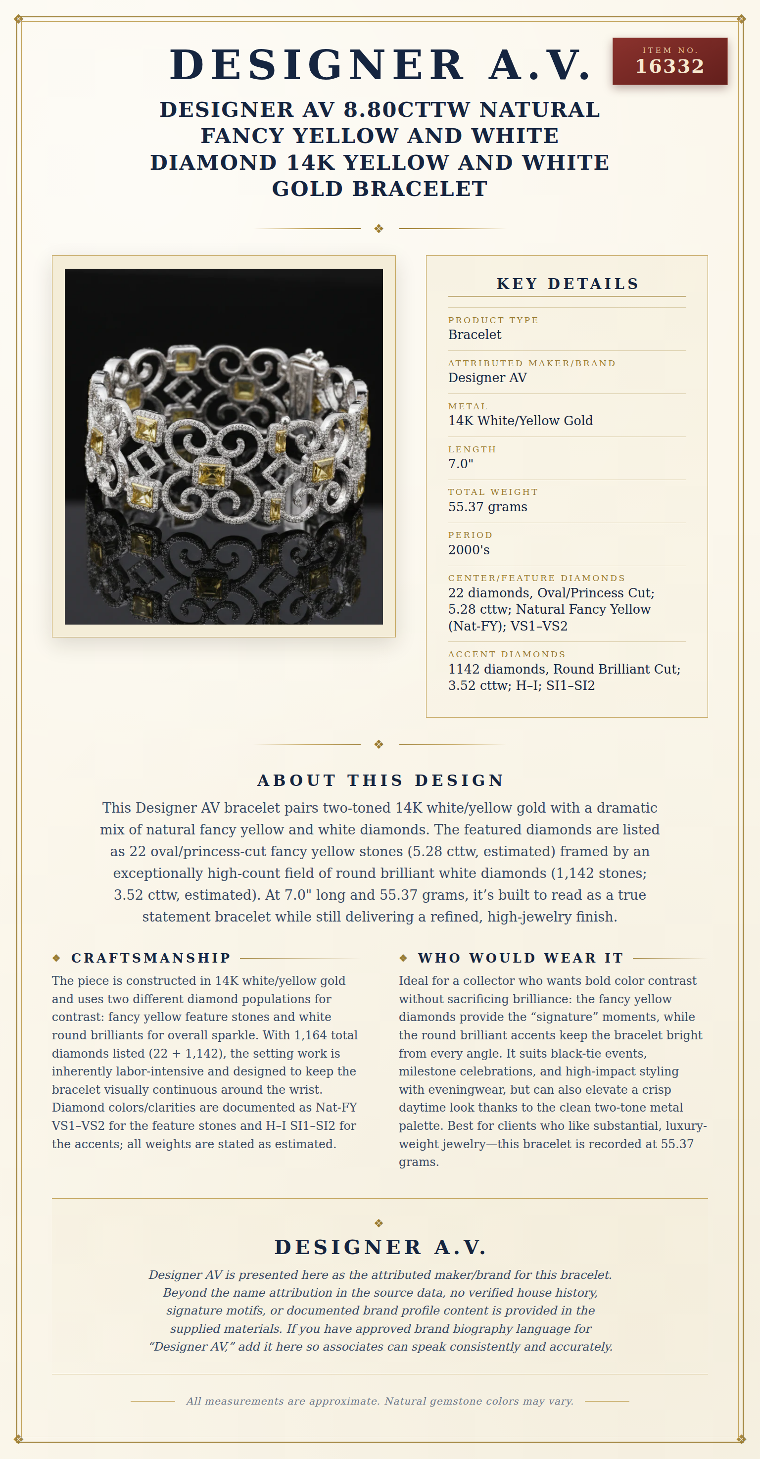 Designer AV 8.80cttw Natural Fancy Yellow and White Diamond 14K Yellow and White Gold Bracelet — anatomy card