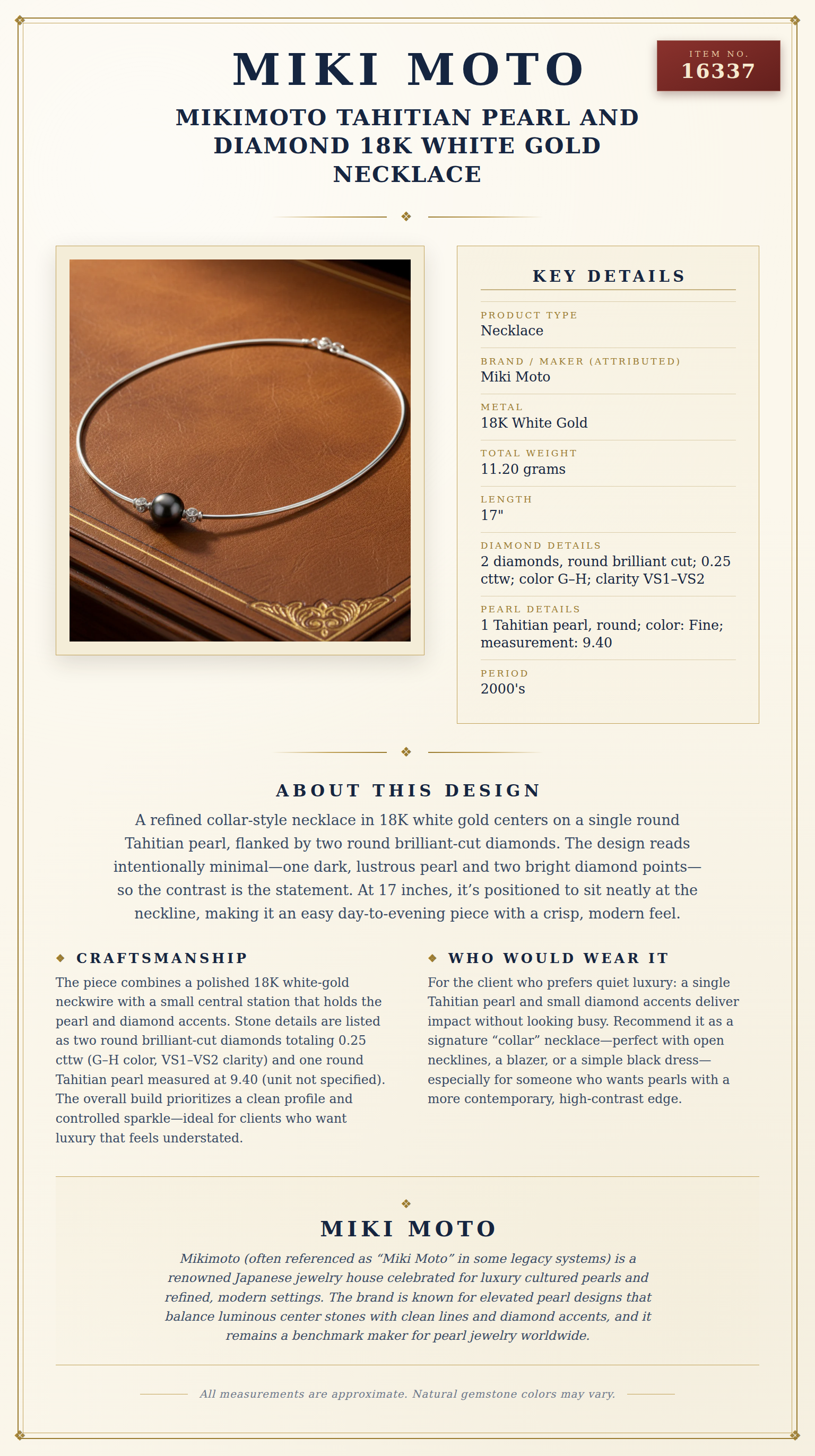 Mikimoto Tahitian Pearl and Diamond 18K White Gold Necklace — anatomy card