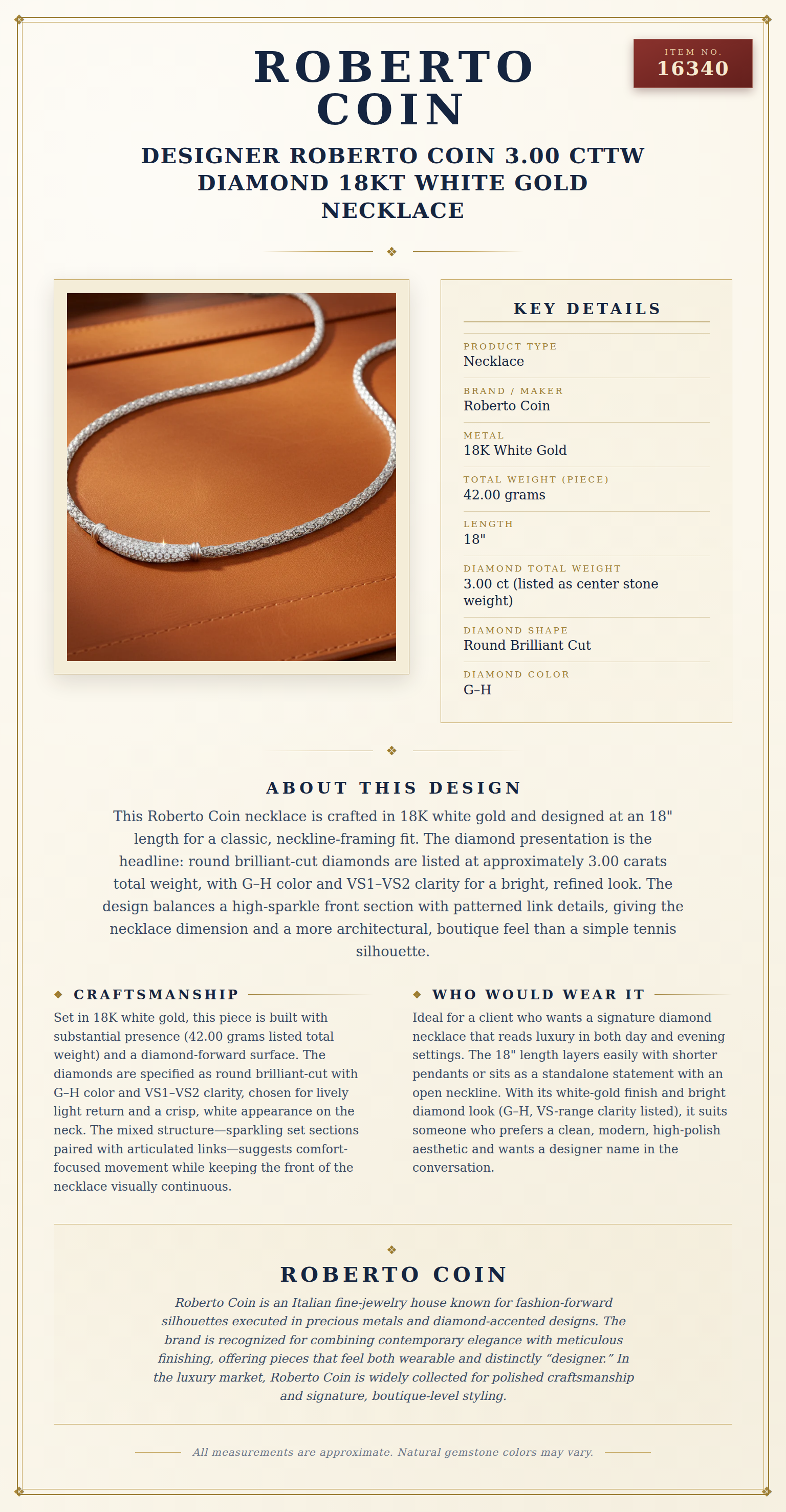 Designer Roberto Coin 3.00 cttw Diamond 18kt White Gold Necklace — anatomy card
