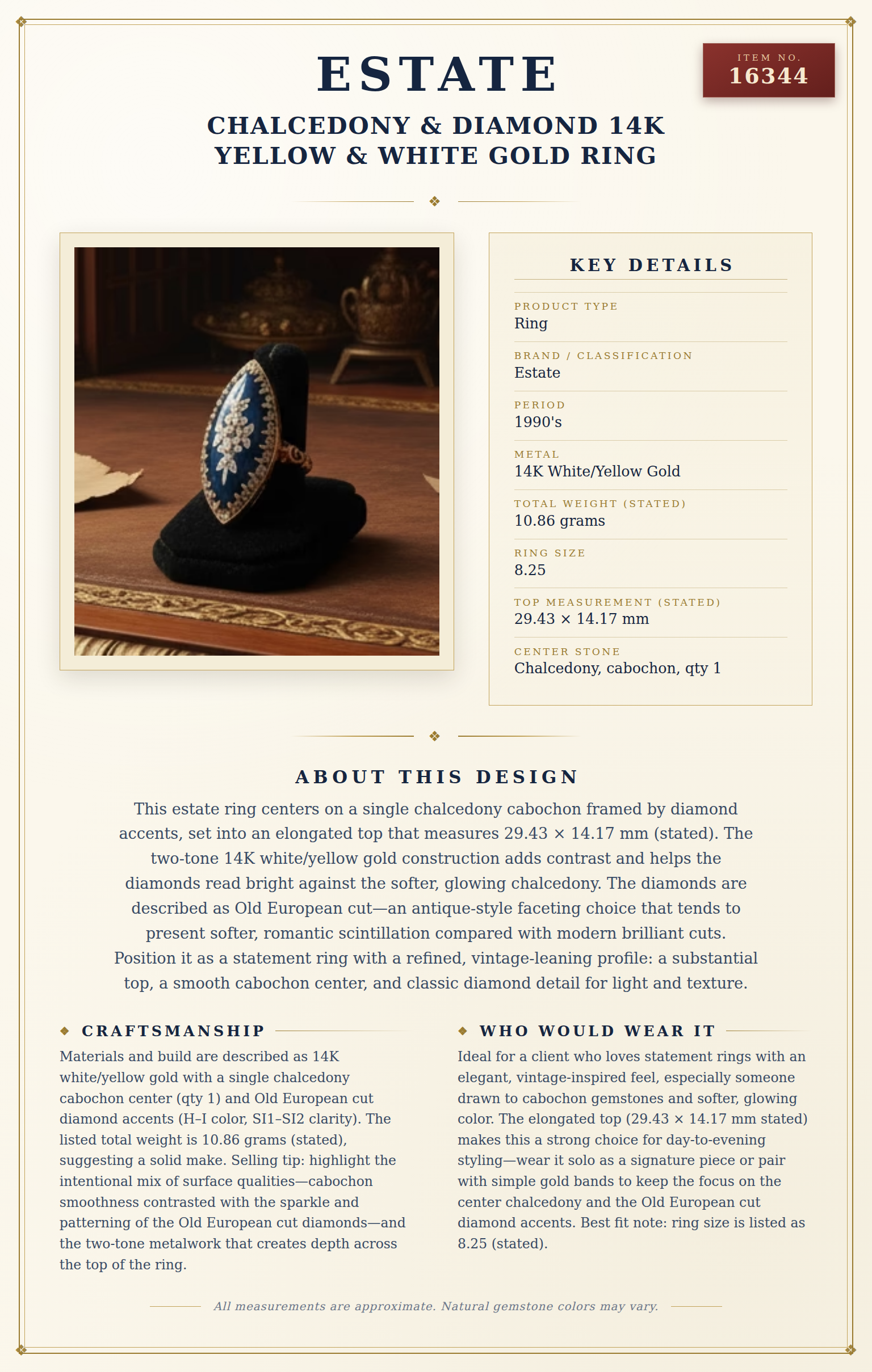Chalcedony & Diamond 14K Yellow & White Gold Ring — anatomy card