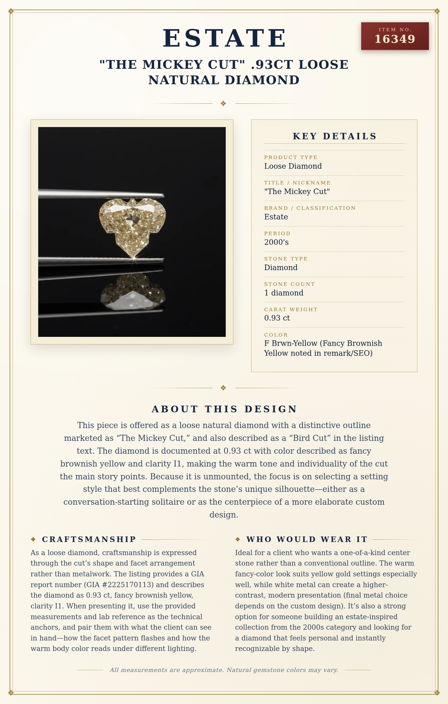 "The Mickey Cut" .93ct Loose Natural Diamond — anatomy card