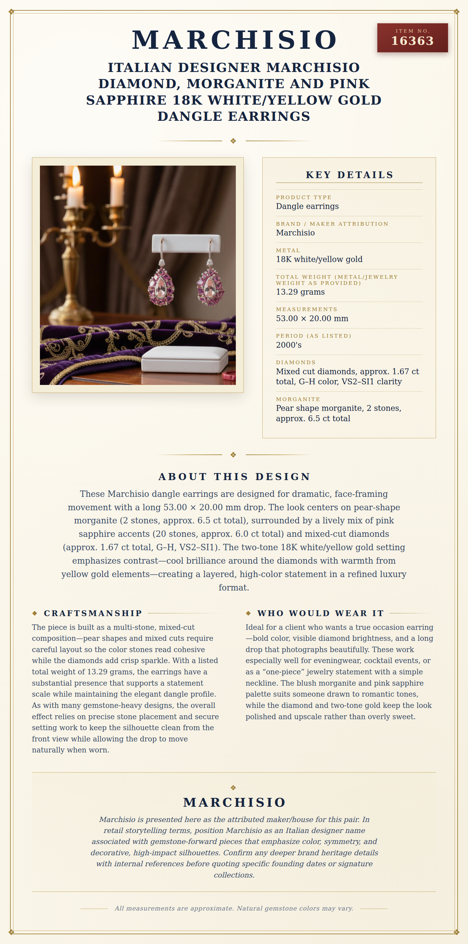 Italian Designer Marchisio Diamond, Morganite and Pink Sapphire 18K White/Yellow Gold Dangle Earrings — anatomy card