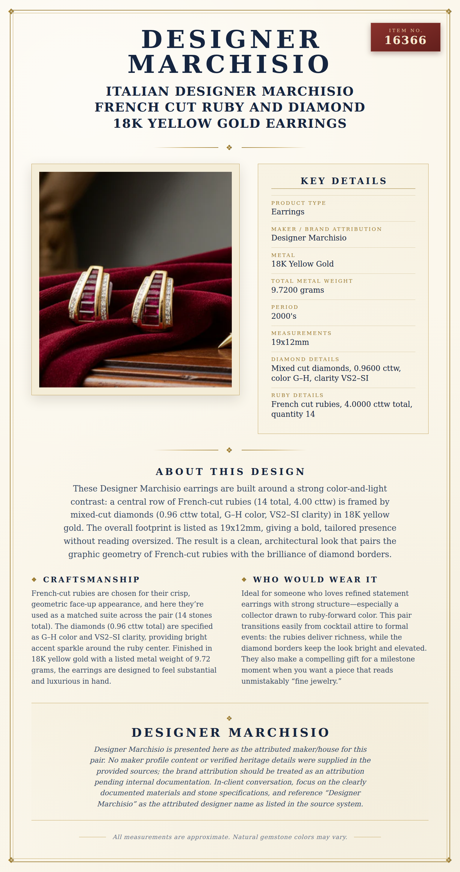 Italian Designer Marchisio French Cut Ruby and Diamond 18K Yellow Gold Earrings — anatomy card
